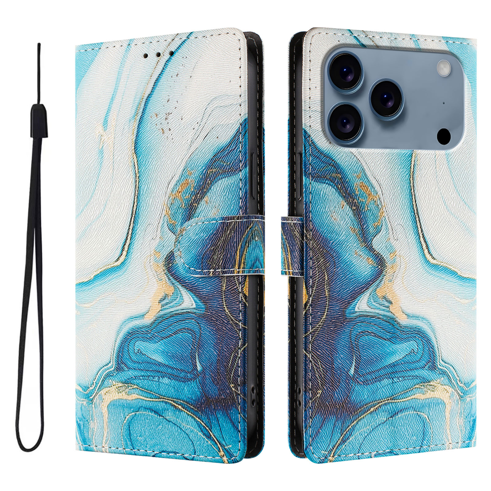 For iPhone 17 Pro Max Case Pattern Print PU Leather Wallet Phone Cover with Wrist Strap - Blue Marble