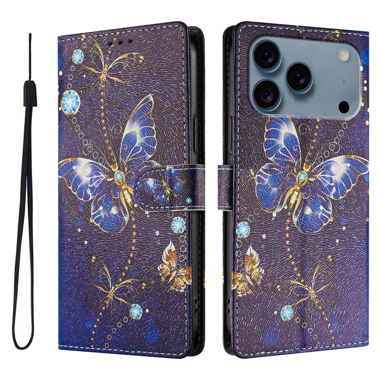 For iPhone 17 Pro Max Case Pattern Print PU Leather Wallet Phone Cover with Wrist Strap - Big Butterfly