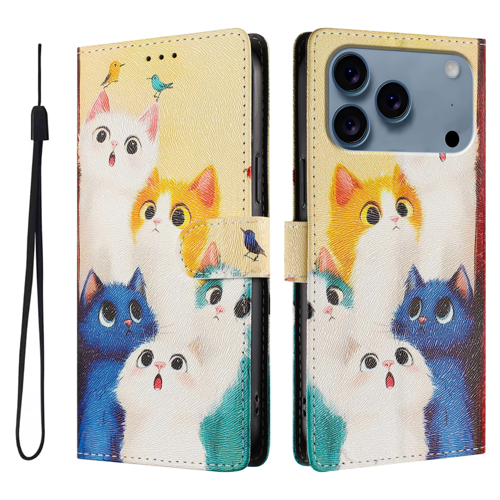 For iPhone 17 Pro Max Case Pattern Print PU Leather Wallet Phone Cover with Wrist Strap - Colorful Cats