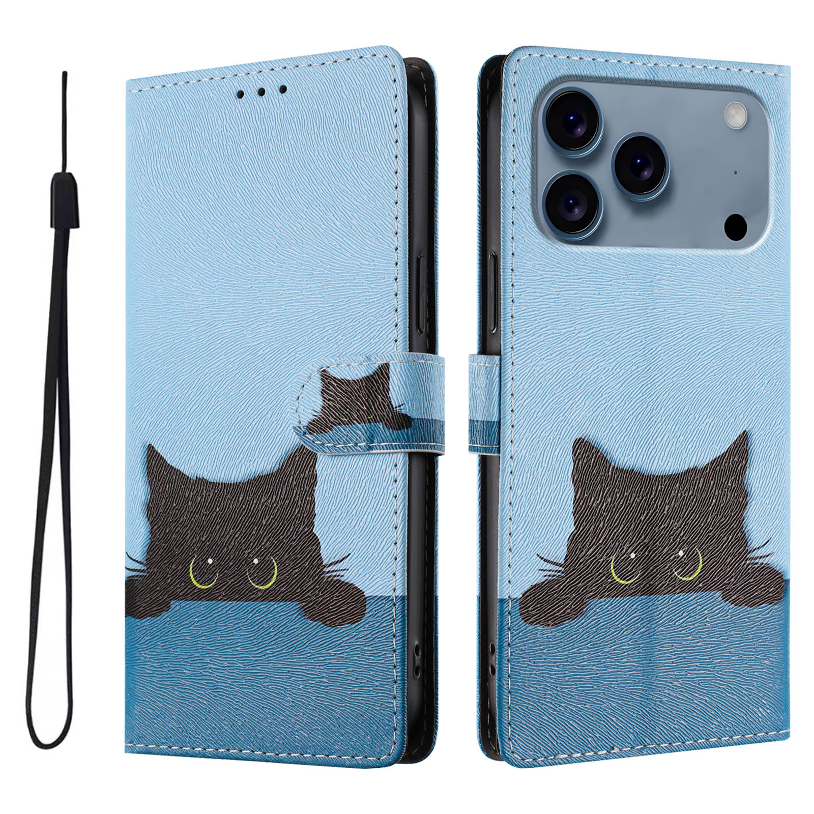 For iPhone 17 Pro Max Case Pattern Print PU Leather Wallet Phone Cover with Wrist Strap - Black Cat