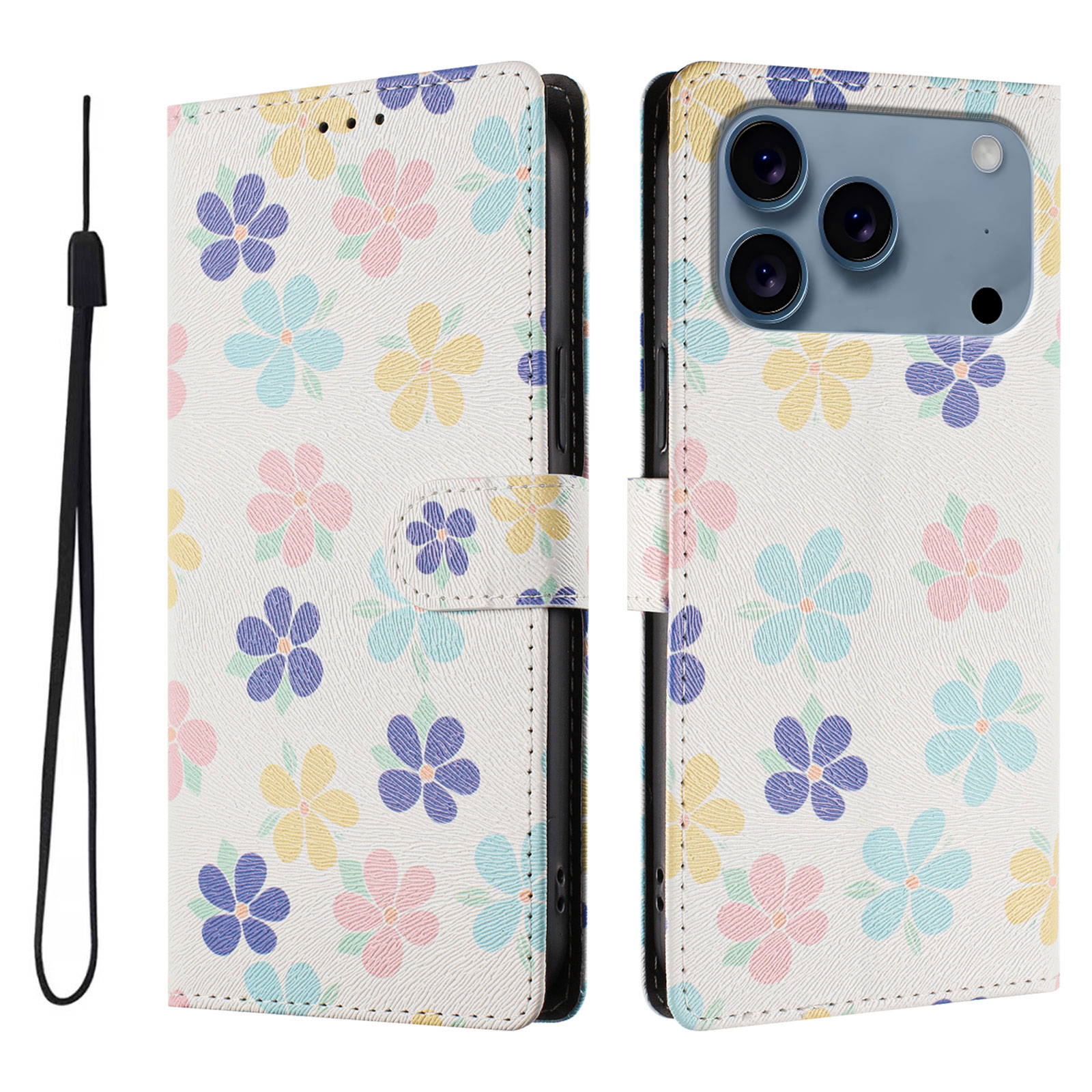 For iPhone 17 Pro Case Pattern Print PU Leather Wallet Phone Cover with Wrist Strap - Colored Flowers