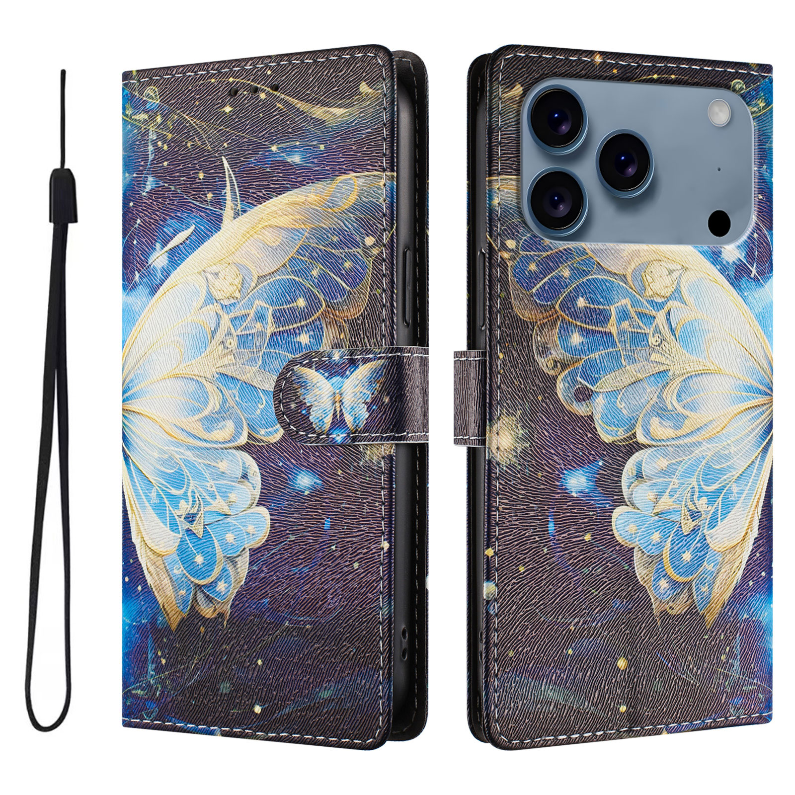For iPhone 17 Pro Case Pattern Print PU Leather Wallet Phone Cover with Wrist Strap - Big Butterfly