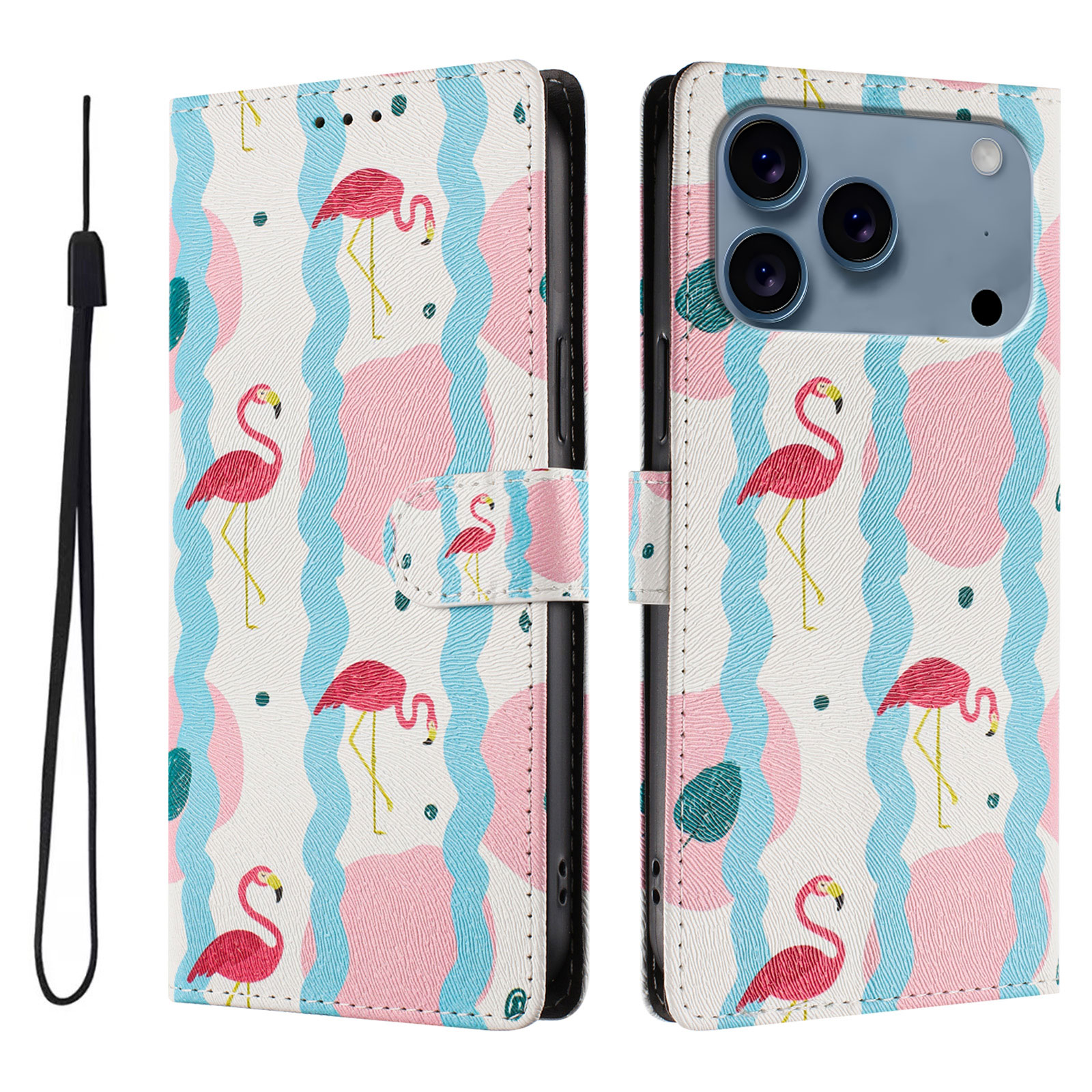 For iPhone 17 Pro Case Pattern Print PU Leather Wallet Phone Cover with Wrist Strap - Birds