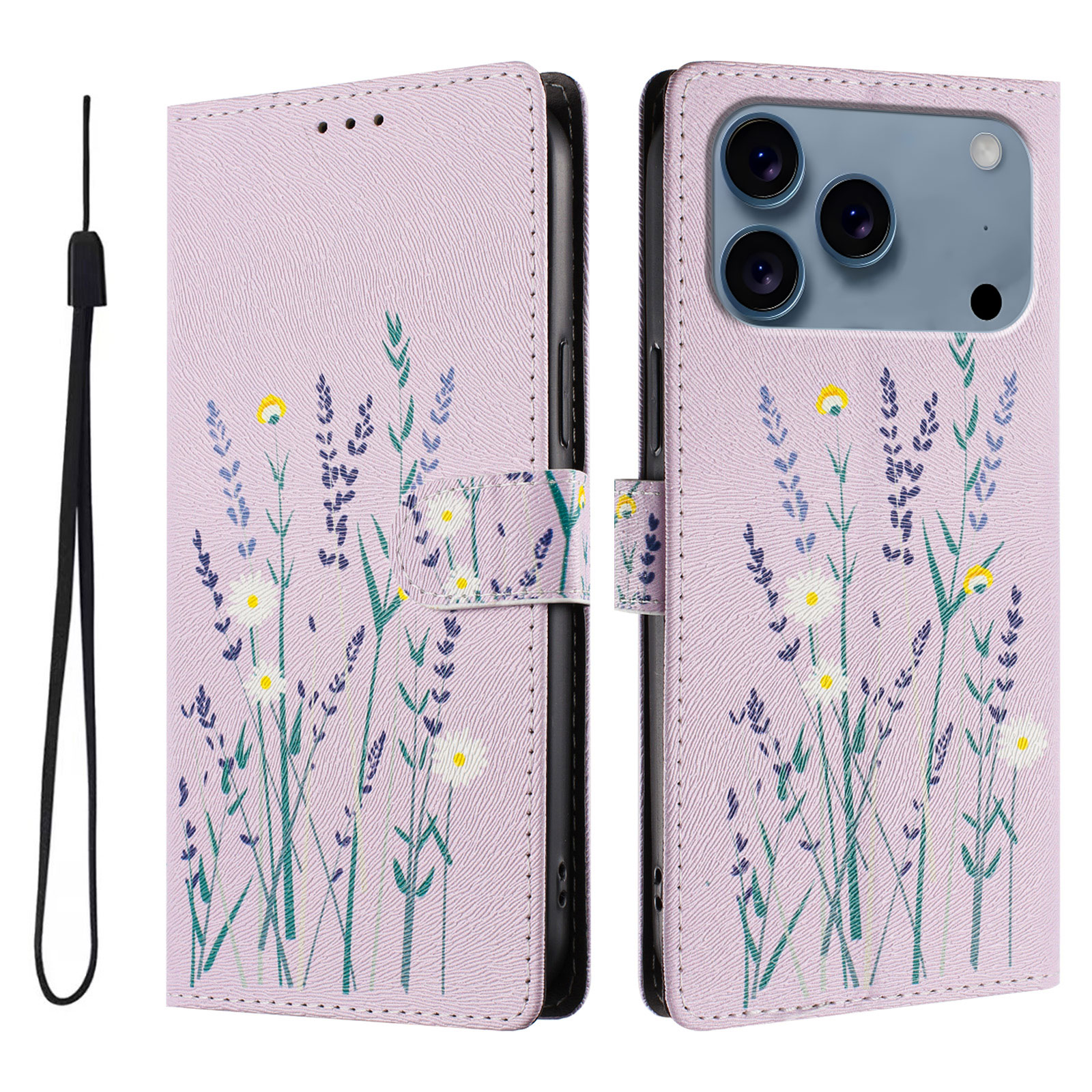 For iPhone 17 Pro Case Pattern Print PU Leather Wallet Phone Cover with Wrist Strap - Lavender