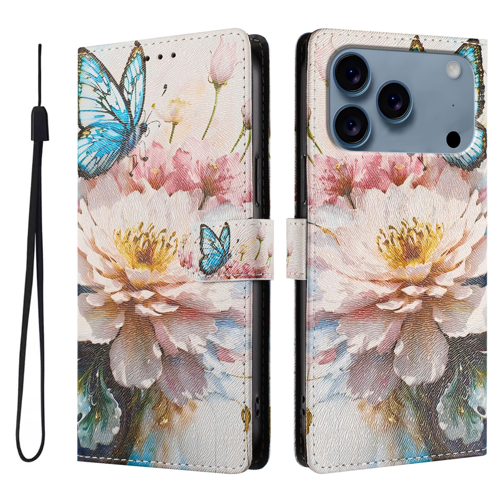 For iPhone 17 Pro Case Pattern Print PU Leather Wallet Phone Cover with Wrist Strap - Butterfly / Flower
