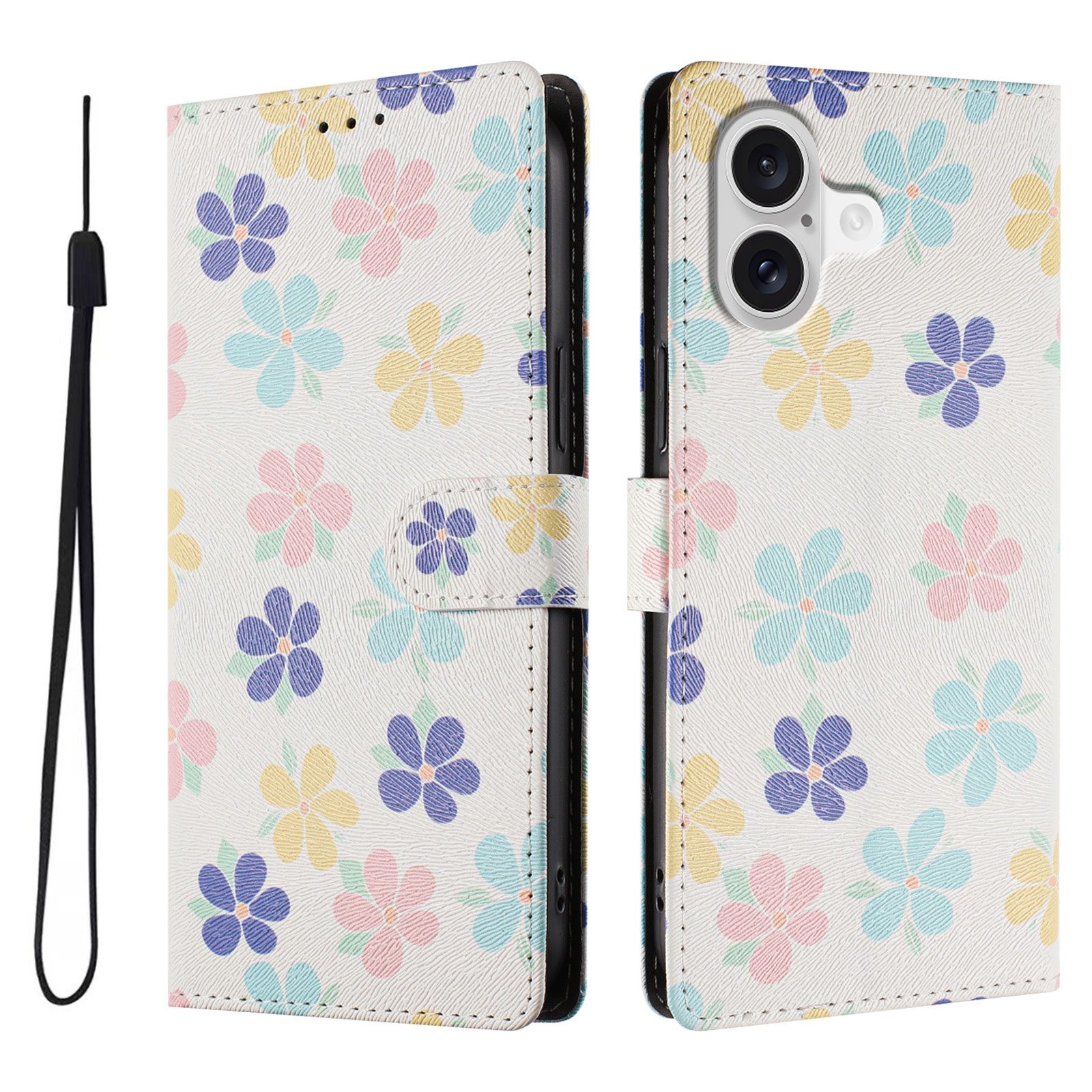 For iPhone 17 Case Pattern Print PU Leather Wallet Phone Cover with Wrist Strap - Colored Flowers