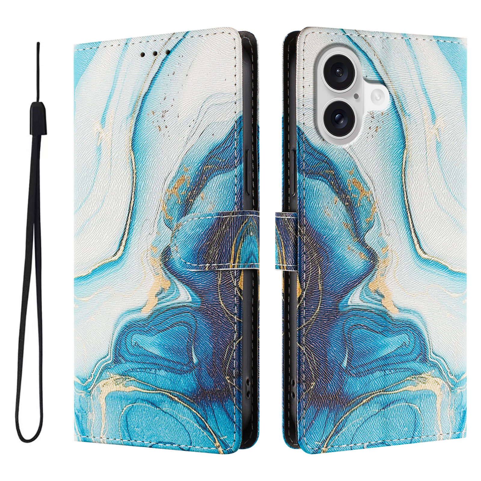 For iPhone 17 Case Pattern Print PU Leather Wallet Phone Cover with Wrist Strap - Blue Marble