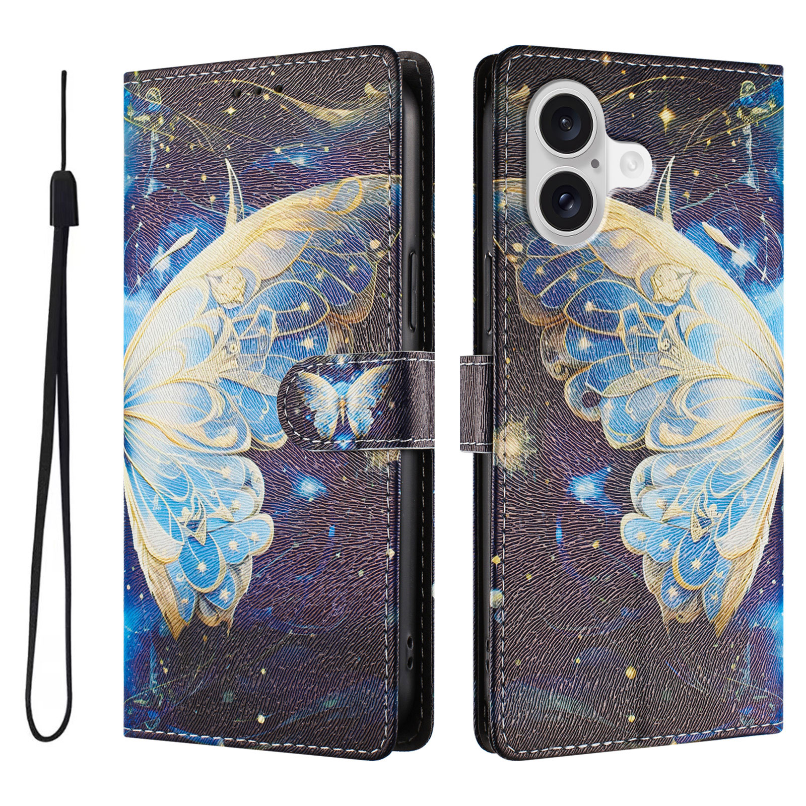 For iPhone 17 Case Pattern Print PU Leather Wallet Phone Cover with Wrist Strap - Big Butterfly