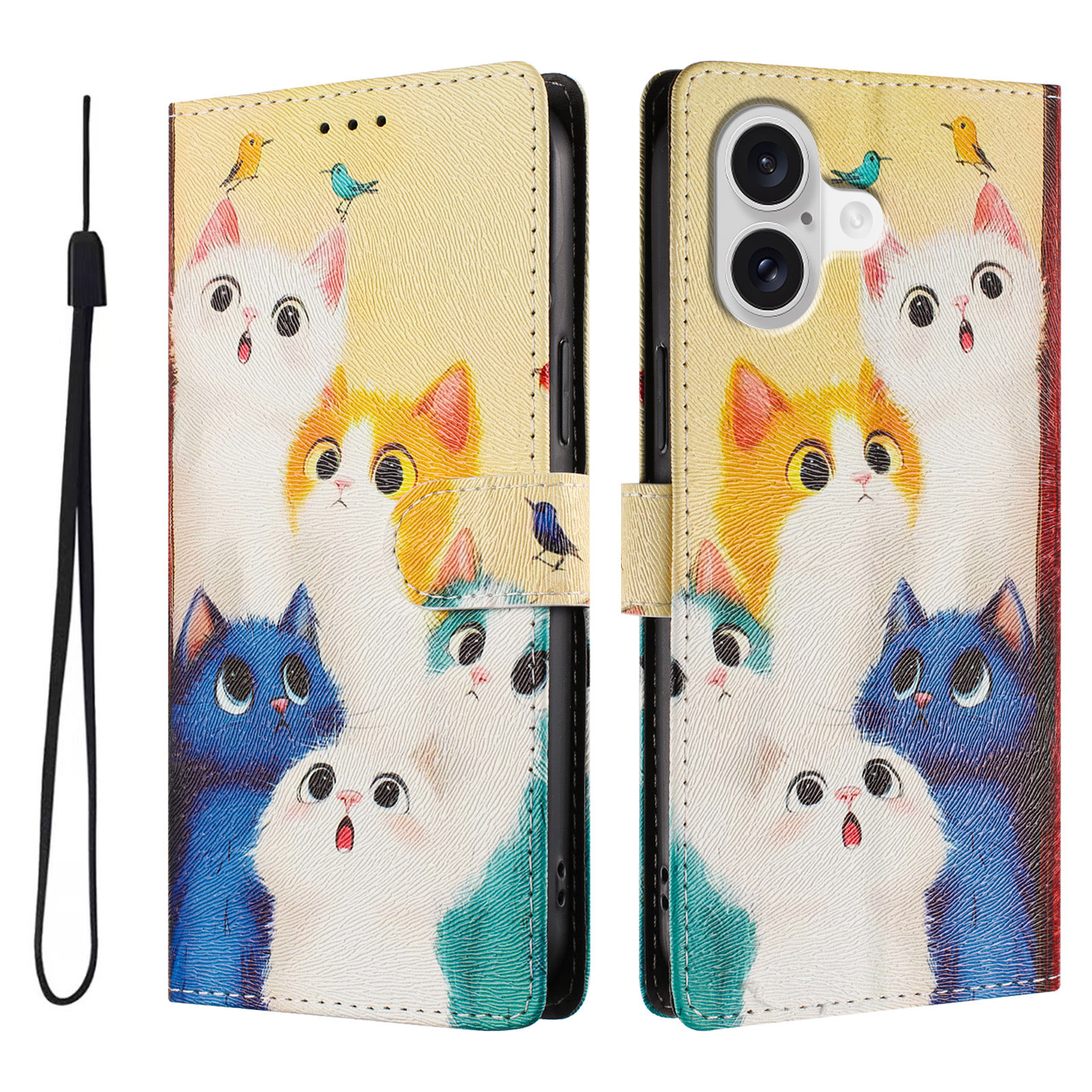 For iPhone 17 Case Pattern Print PU Leather Wallet Phone Cover with Wrist Strap - Colorful Cats