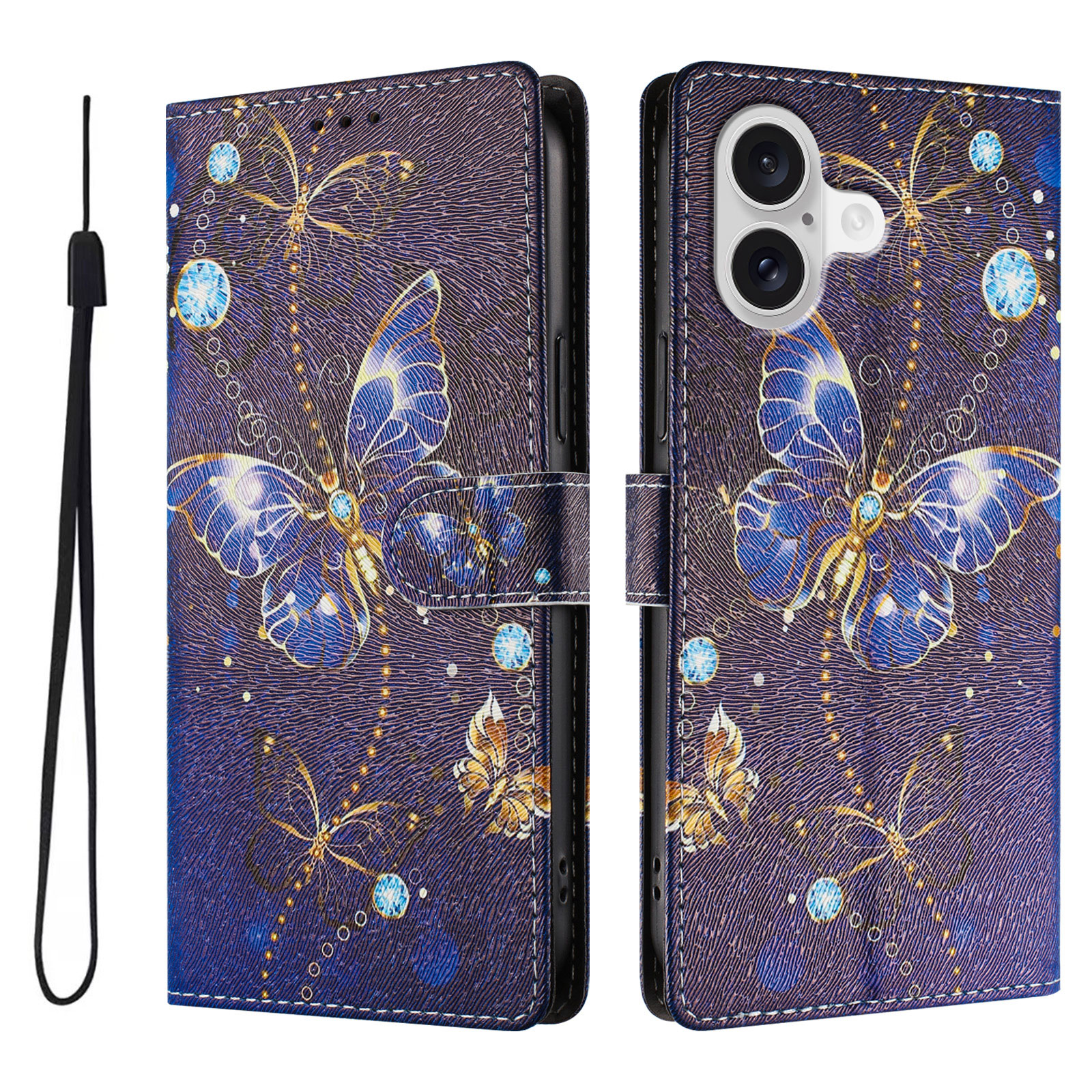 For iPhone 17 Case Pattern Print PU Leather Wallet Phone Cover with Wrist Strap - Blue Butterfly