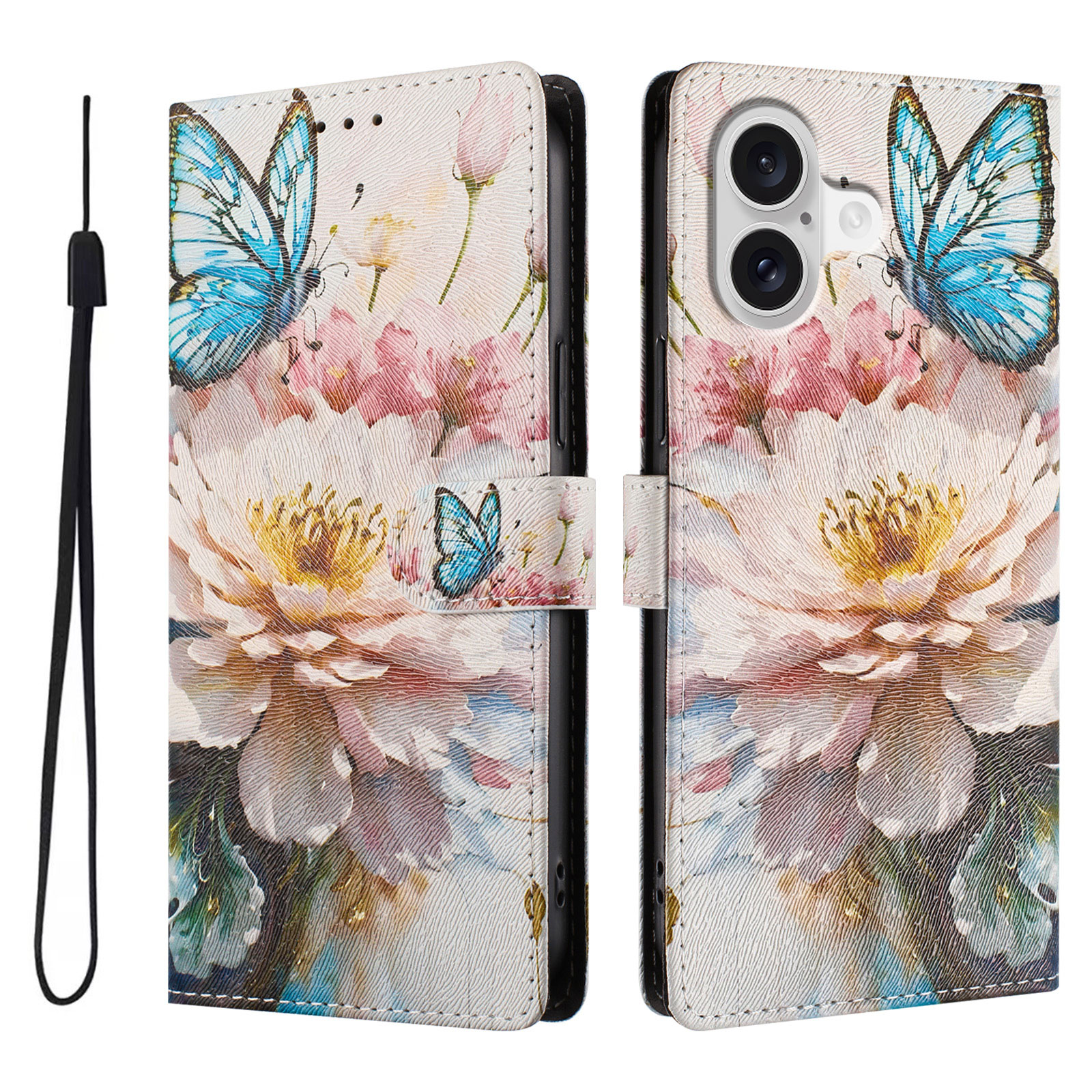 For iPhone 17 Case Pattern Print PU Leather Wallet Phone Cover with Wrist Strap - Butterfly / Flower