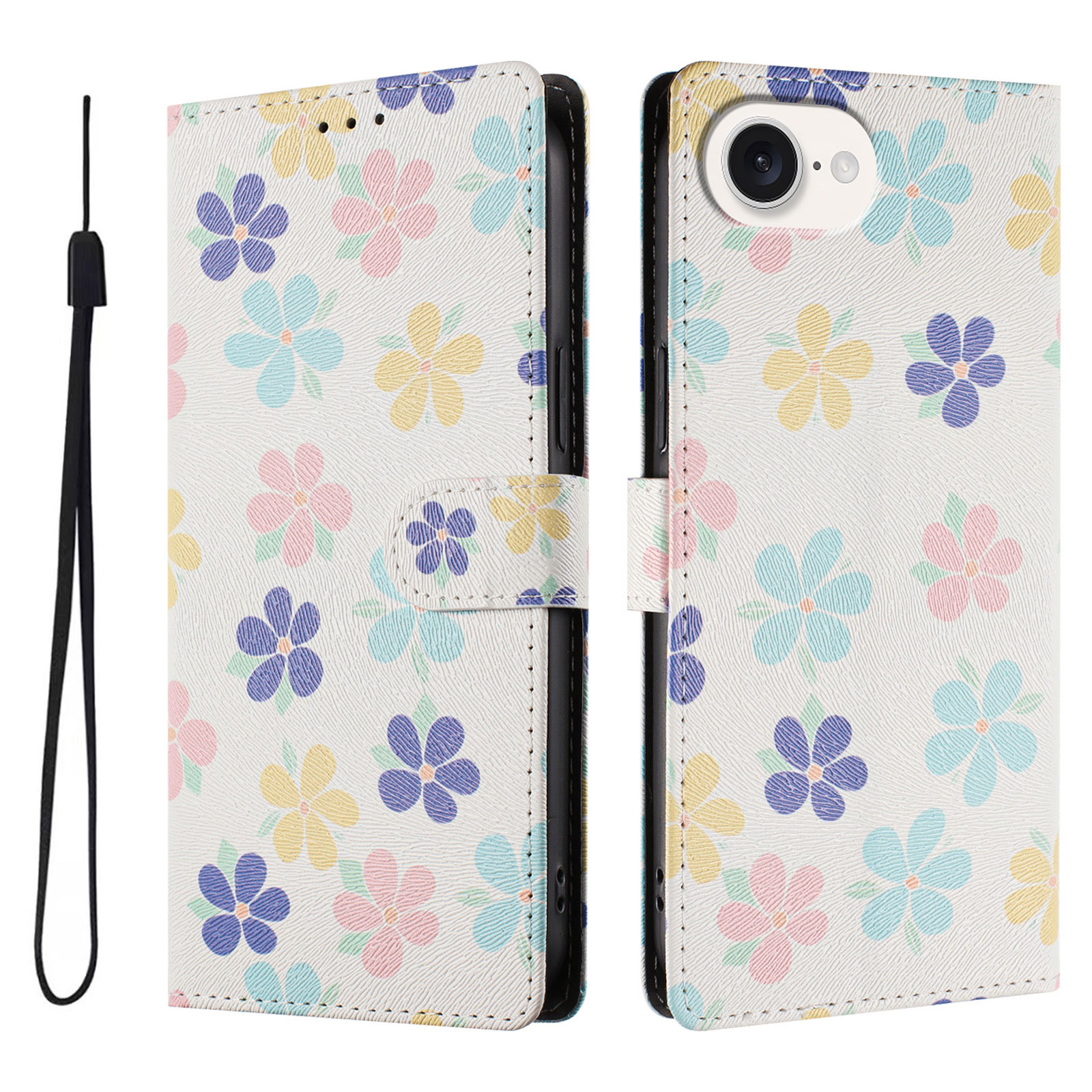 For iPhone 16e Case Pattern Print PU Leather Wallet Phone Cover with Wrist Strap - Colored Flowers