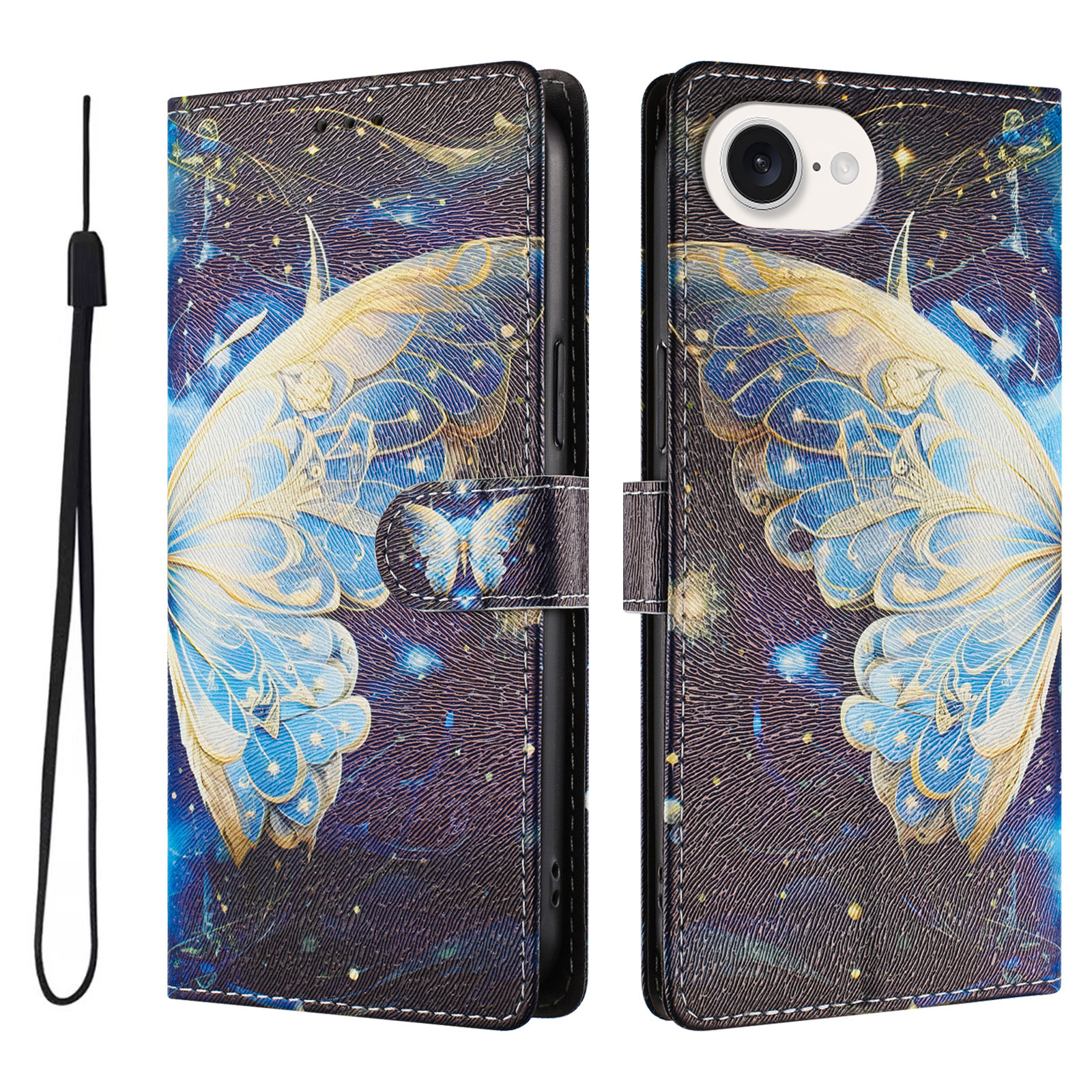 For iPhone 16e Case Pattern Print PU Leather Wallet Phone Cover with Wrist Strap - Big Butterfly