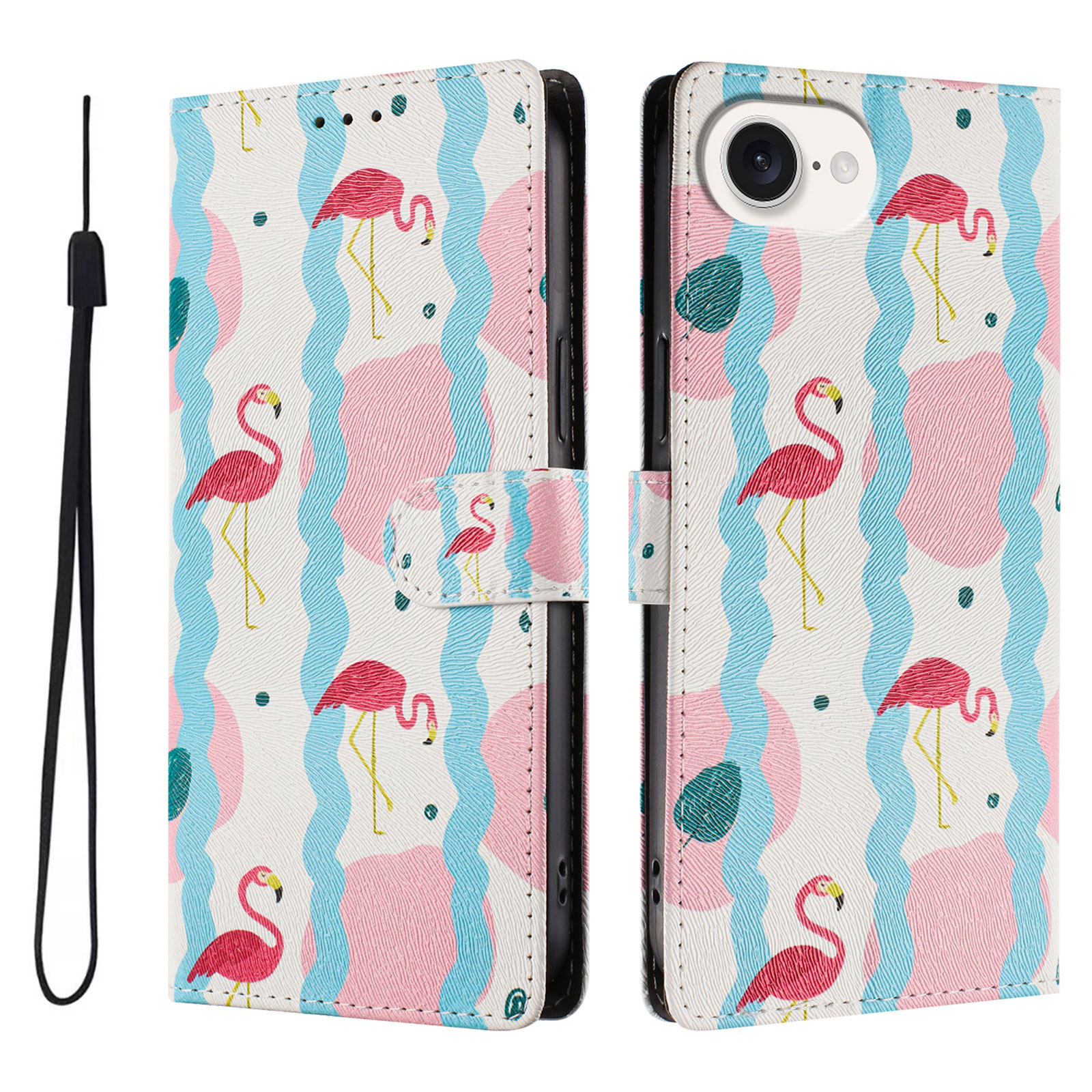 For iPhone 16e Case Pattern Print PU Leather Wallet Phone Cover with Wrist Strap - Birds