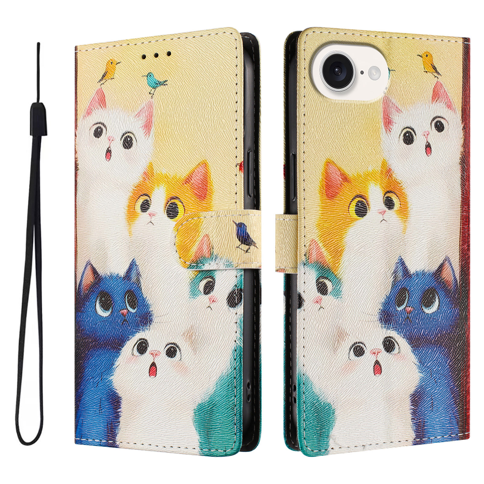 For iPhone 16e Case Pattern Print PU Leather Wallet Phone Cover with Wrist Strap - Colorful Cats