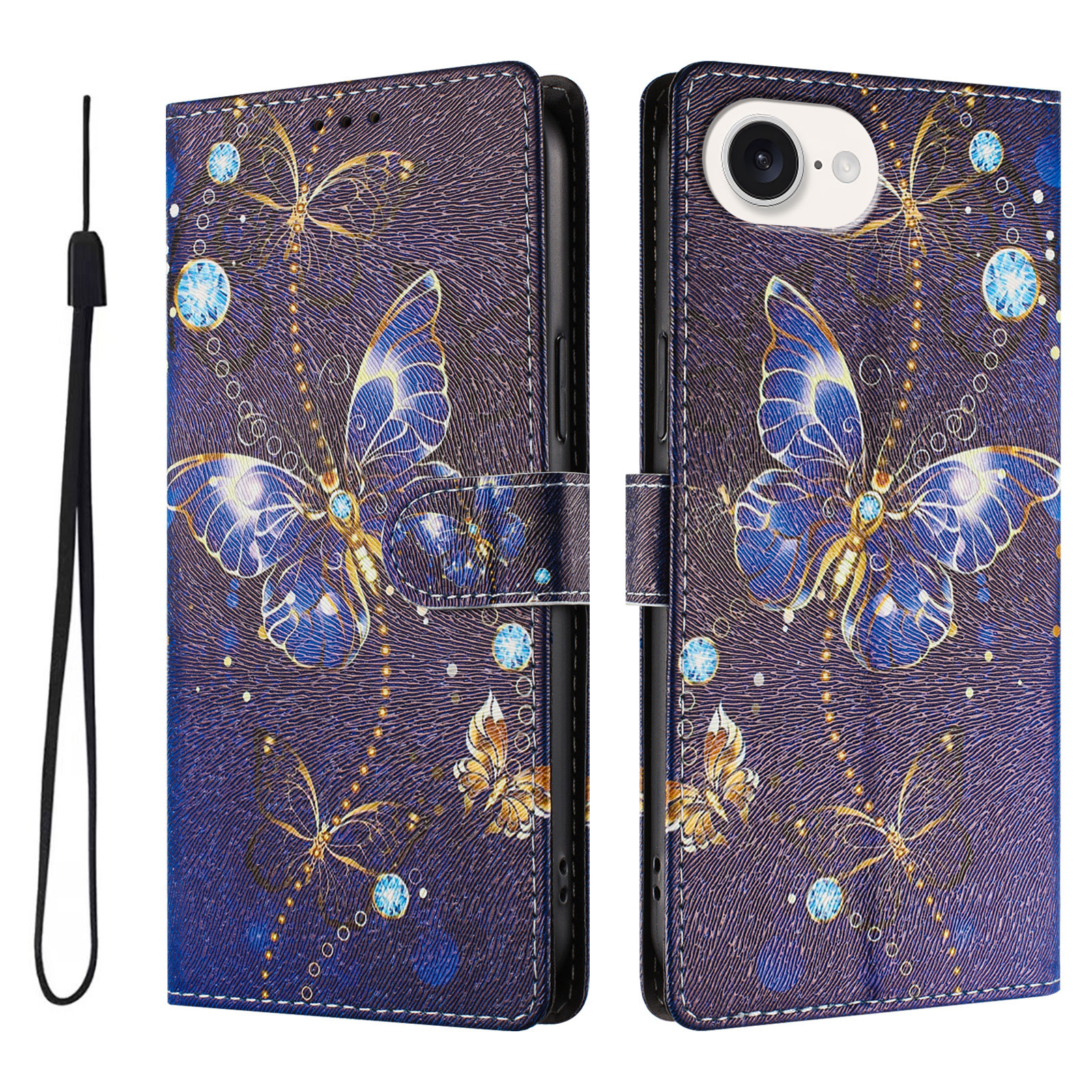 For iPhone 16e Case Pattern Print PU Leather Wallet Phone Cover with Wrist Strap - Blue Butterfly