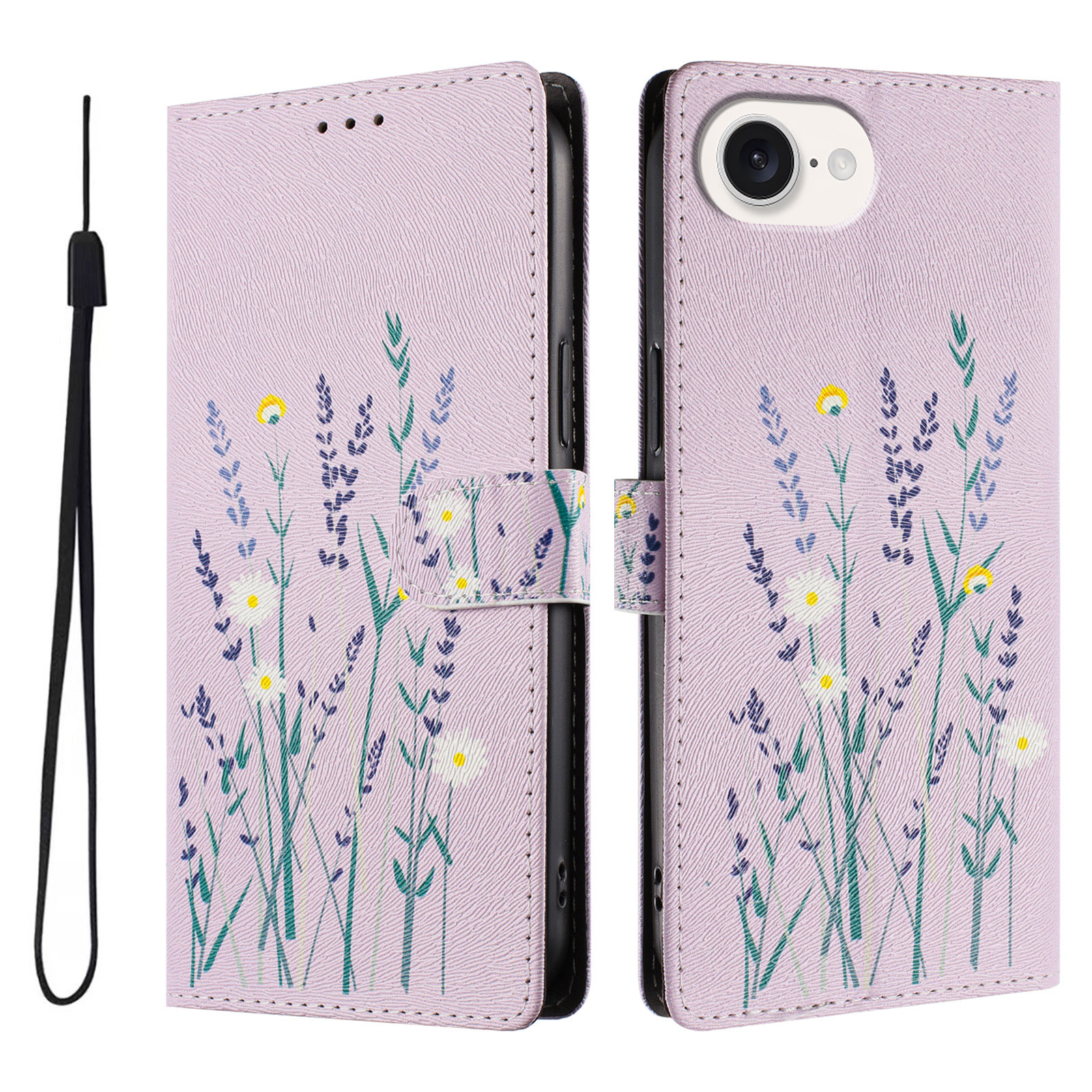 For iPhone 16e Case Pattern Print PU Leather Wallet Phone Cover with Wrist Strap - Lavender