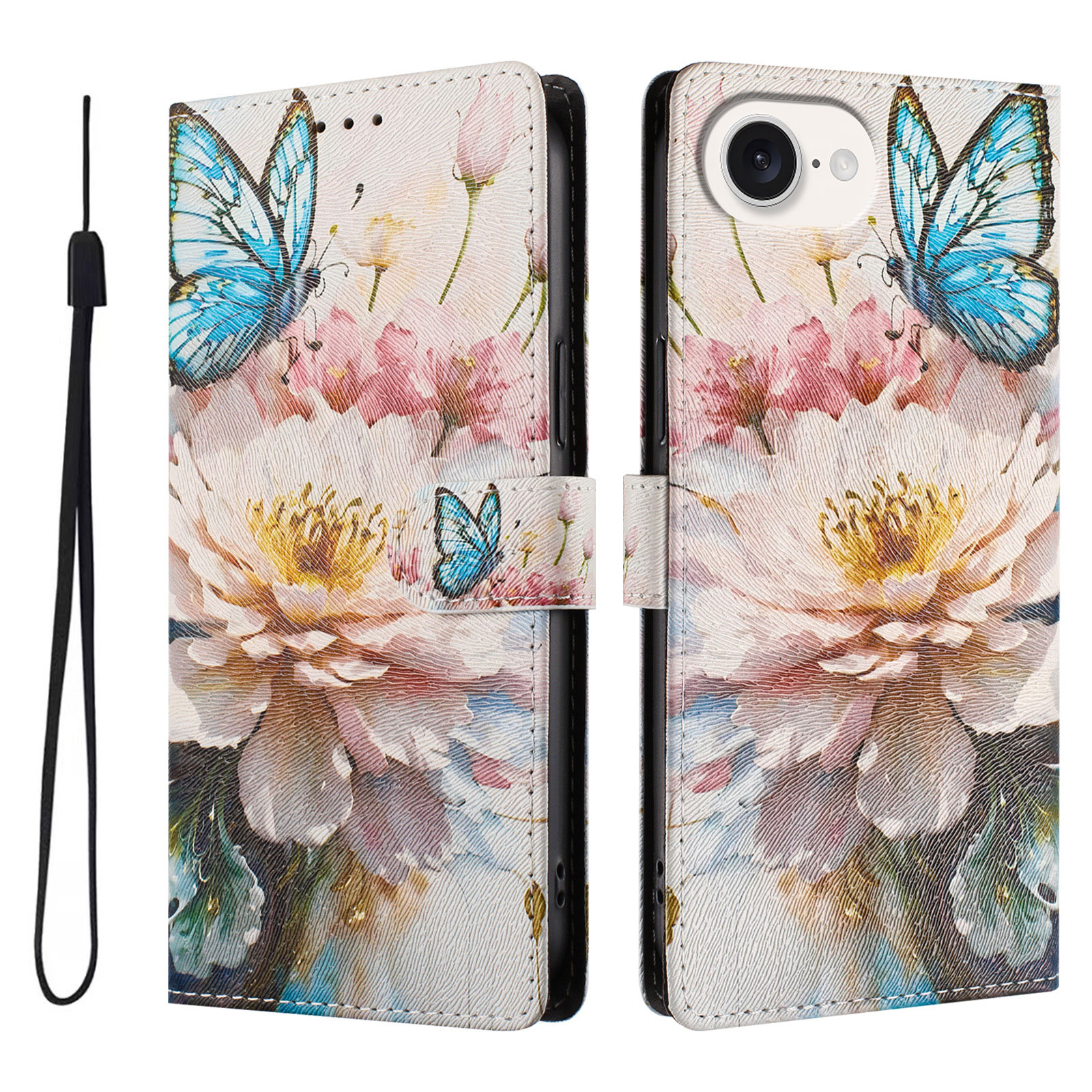 For iPhone 16e Case Pattern Print PU Leather Wallet Phone Cover with Wrist Strap - Butterfly / Flower