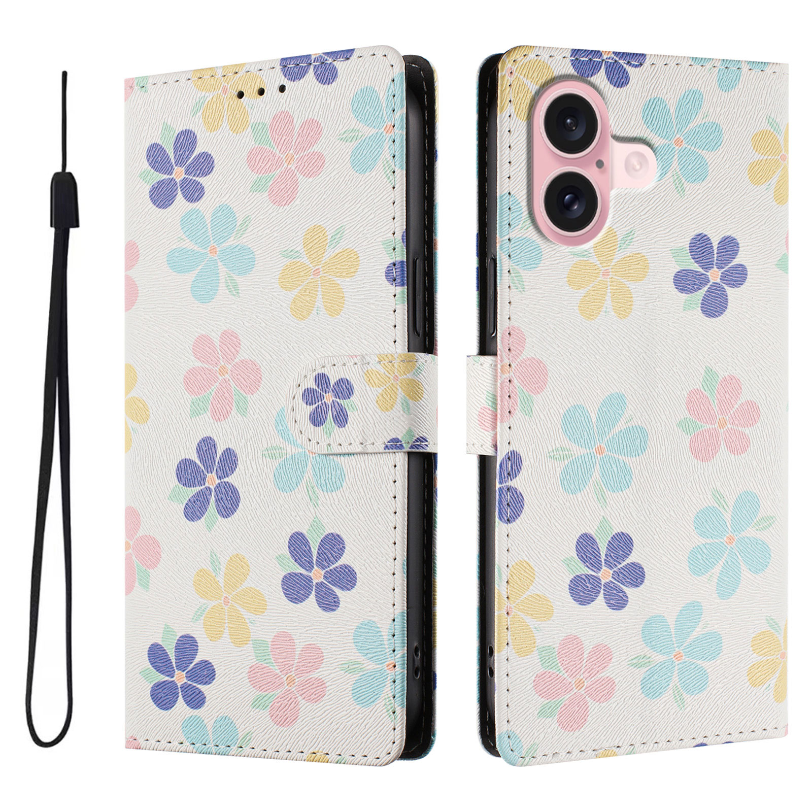 For iPhone 16 Case Pattern Print PU Leather Wallet Phone Cover with Wrist Strap - Colored Flowers
