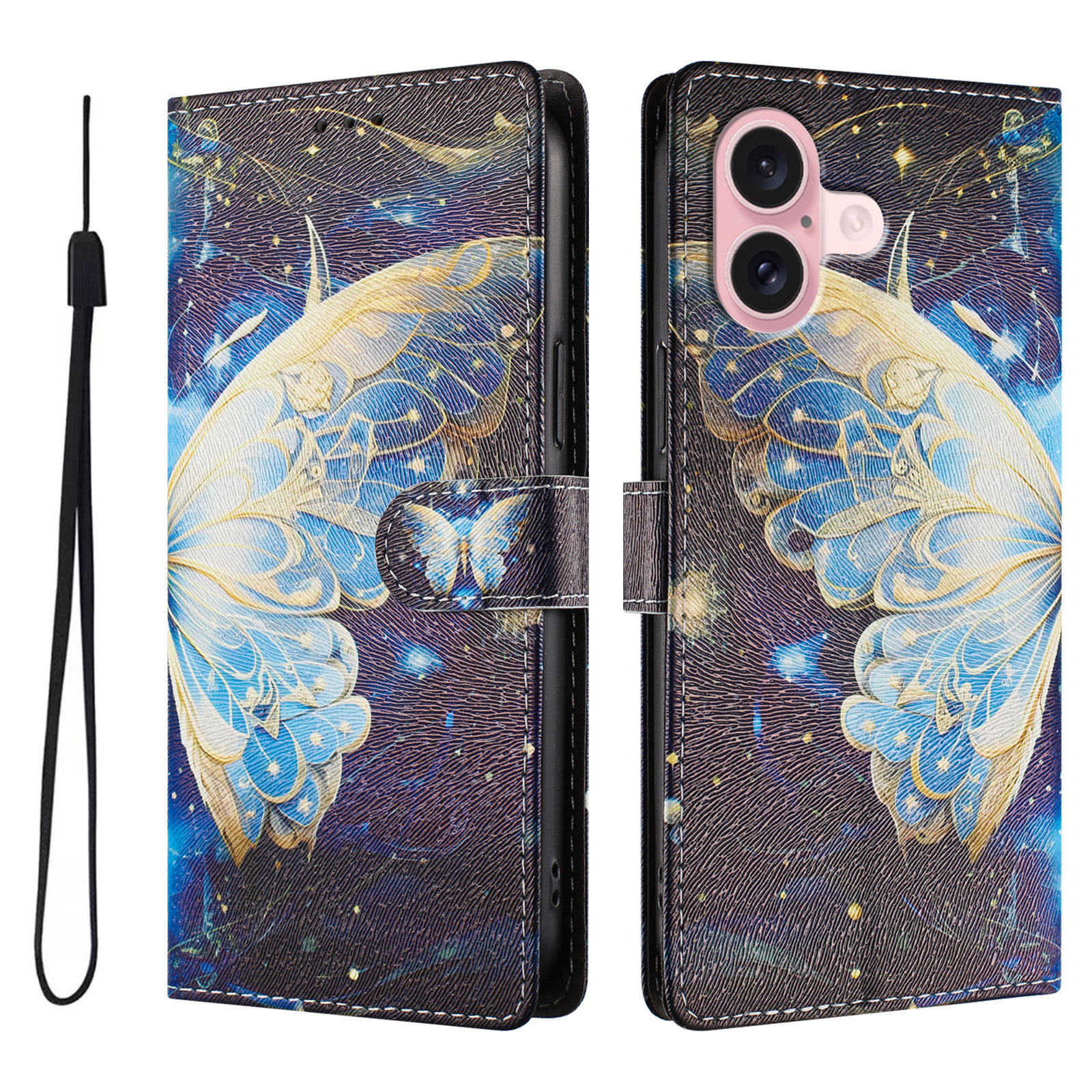For iPhone 16 Case Pattern Print PU Leather Wallet Phone Cover with Wrist Strap - Big Butterfly