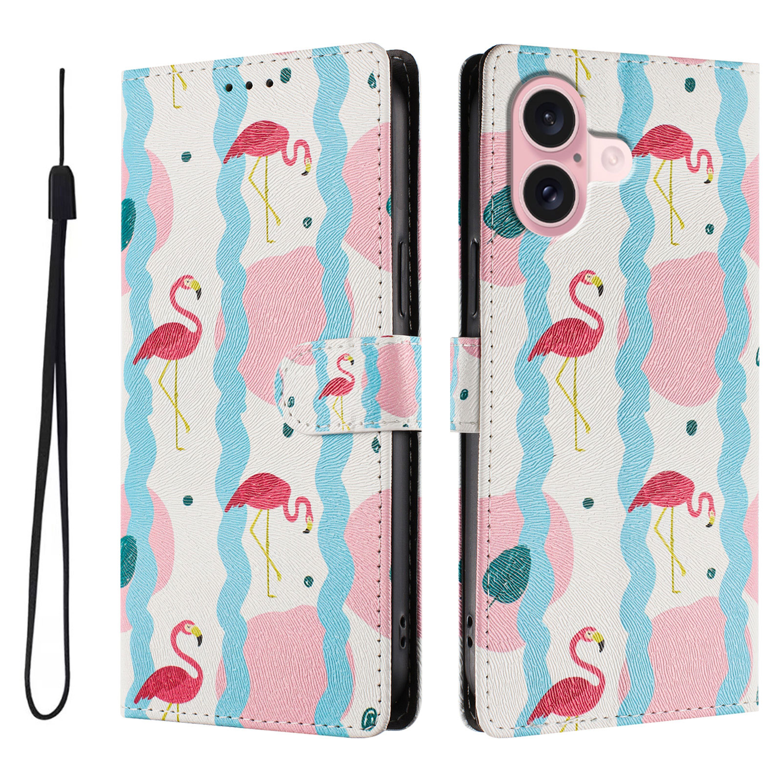 For iPhone 16 Case Pattern Print PU Leather Wallet Phone Cover with Wrist Strap - Birds