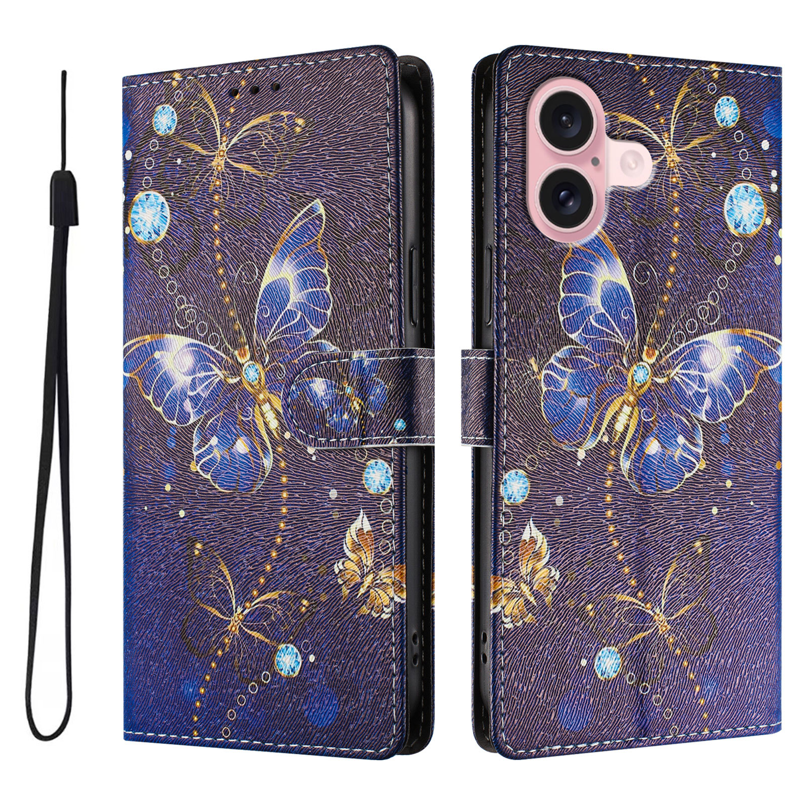 For iPhone 16 Case Pattern Print PU Leather Wallet Phone Cover with Wrist Strap - Blue Butterfly