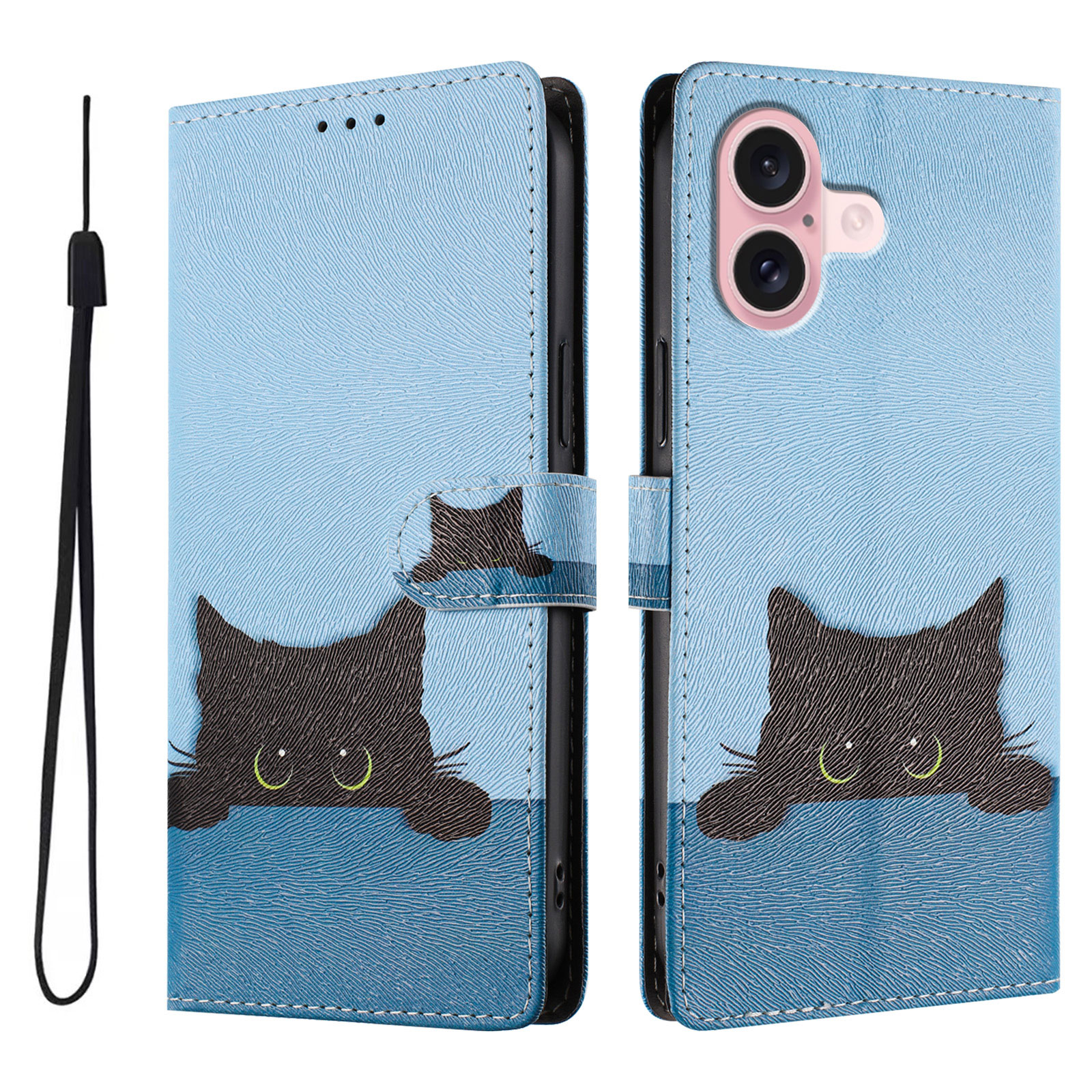 For iPhone 16 Case Pattern Print PU Leather Wallet Phone Cover with Wrist Strap - Black Cat