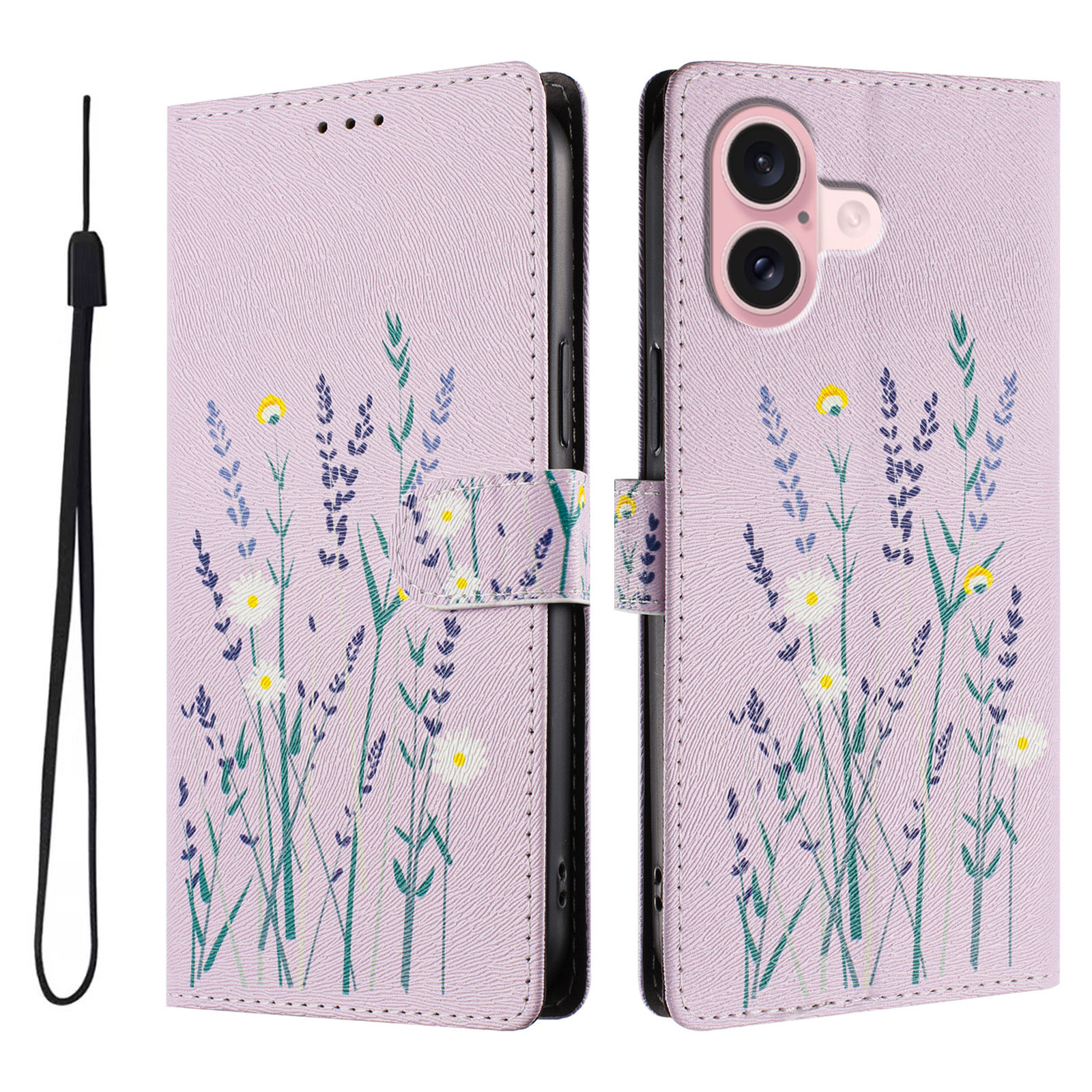 For iPhone 16 Case Pattern Print PU Leather Wallet Phone Cover with Wrist Strap - Lavender