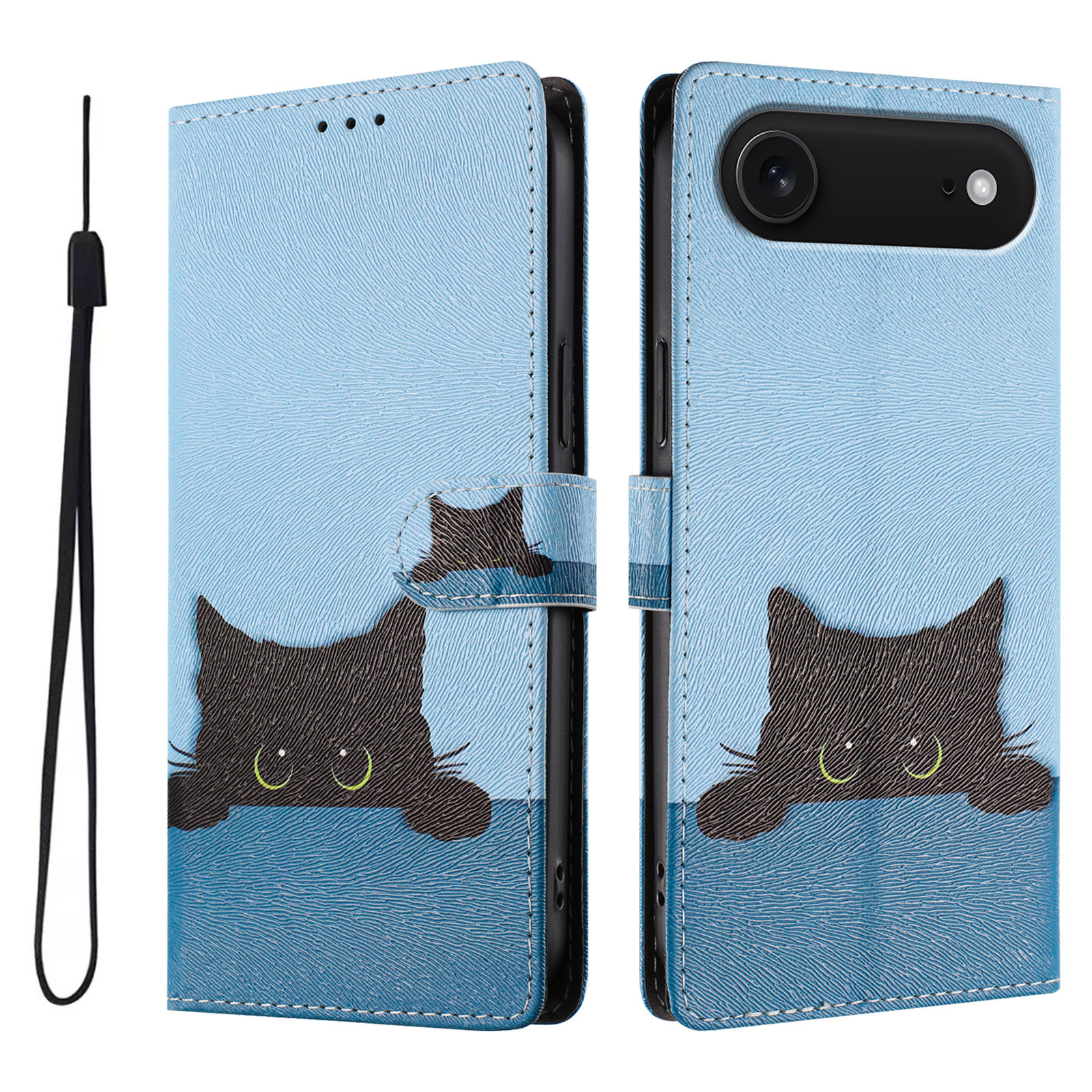 For iPhone Air Case Pattern Print PU Leather Wallet Phone Cover with Wrist Strap - Black Cat