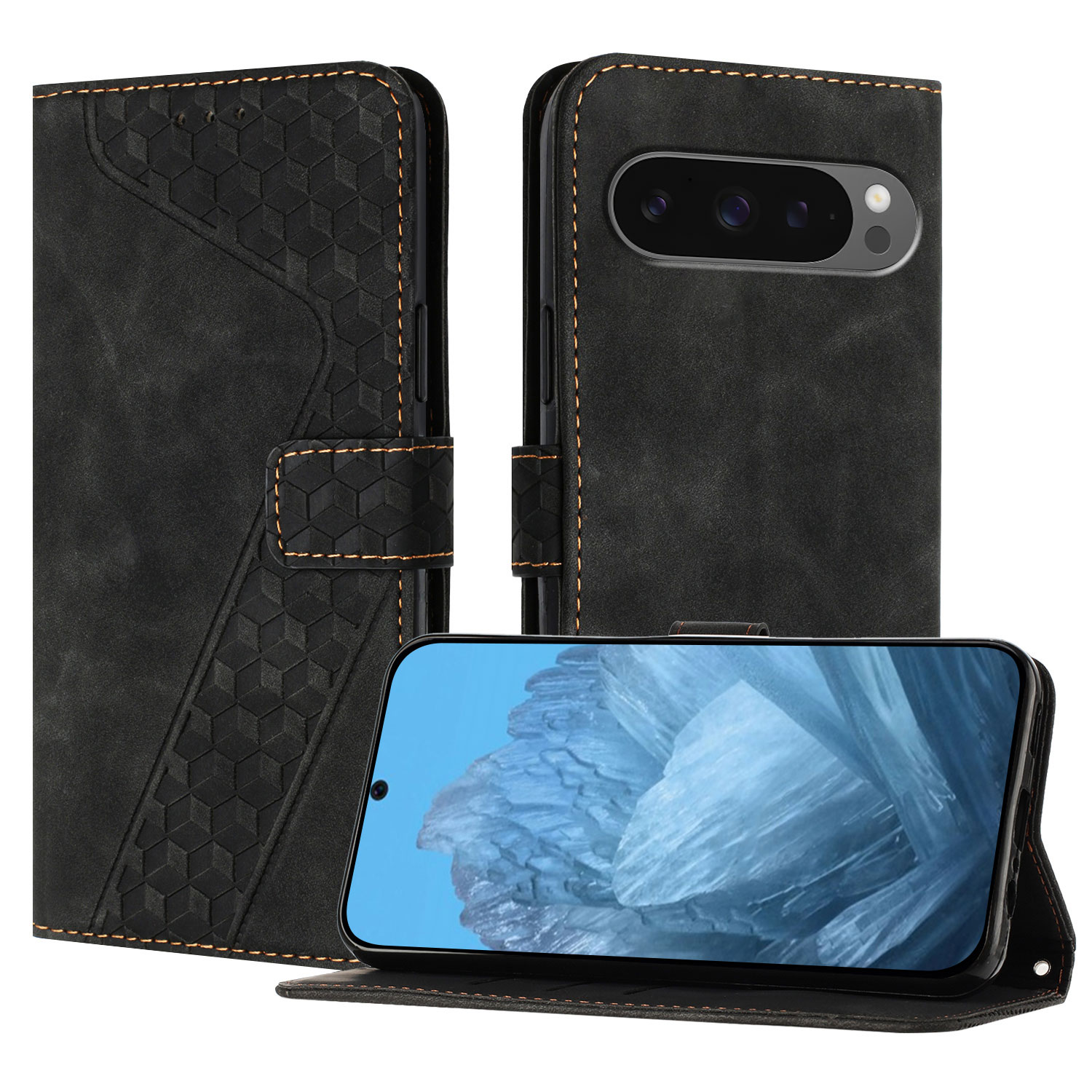 For Google Pixel 10 Pro / Google Pixel 10 Leather Case 7-Shaped Pattern Wallet Stand Shockproof Phone Cover - Black