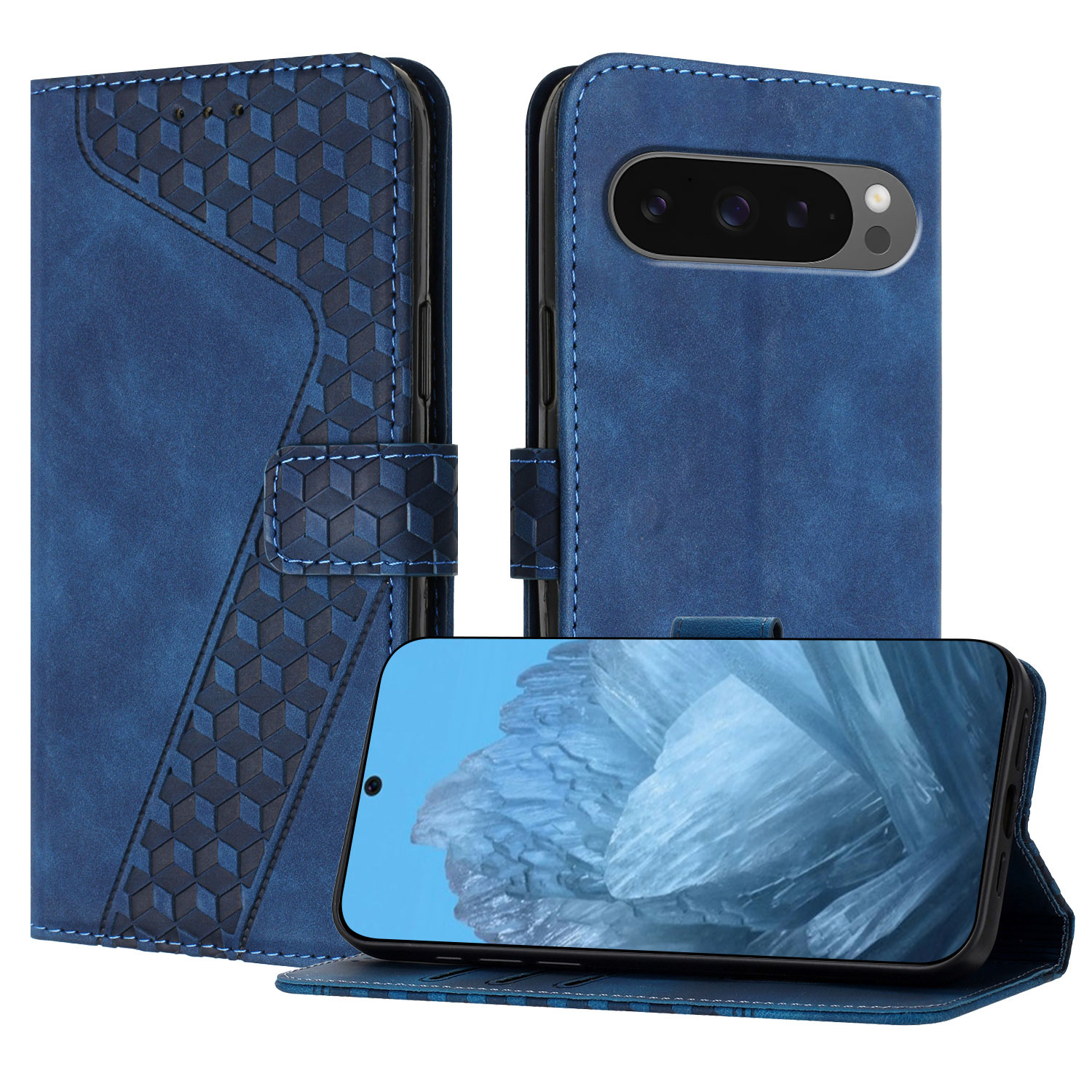 For Google Pixel 10 Pro / Google Pixel 10 Leather Case 7-Shaped Pattern Wallet Stand Shockproof Phone Cover - Blue