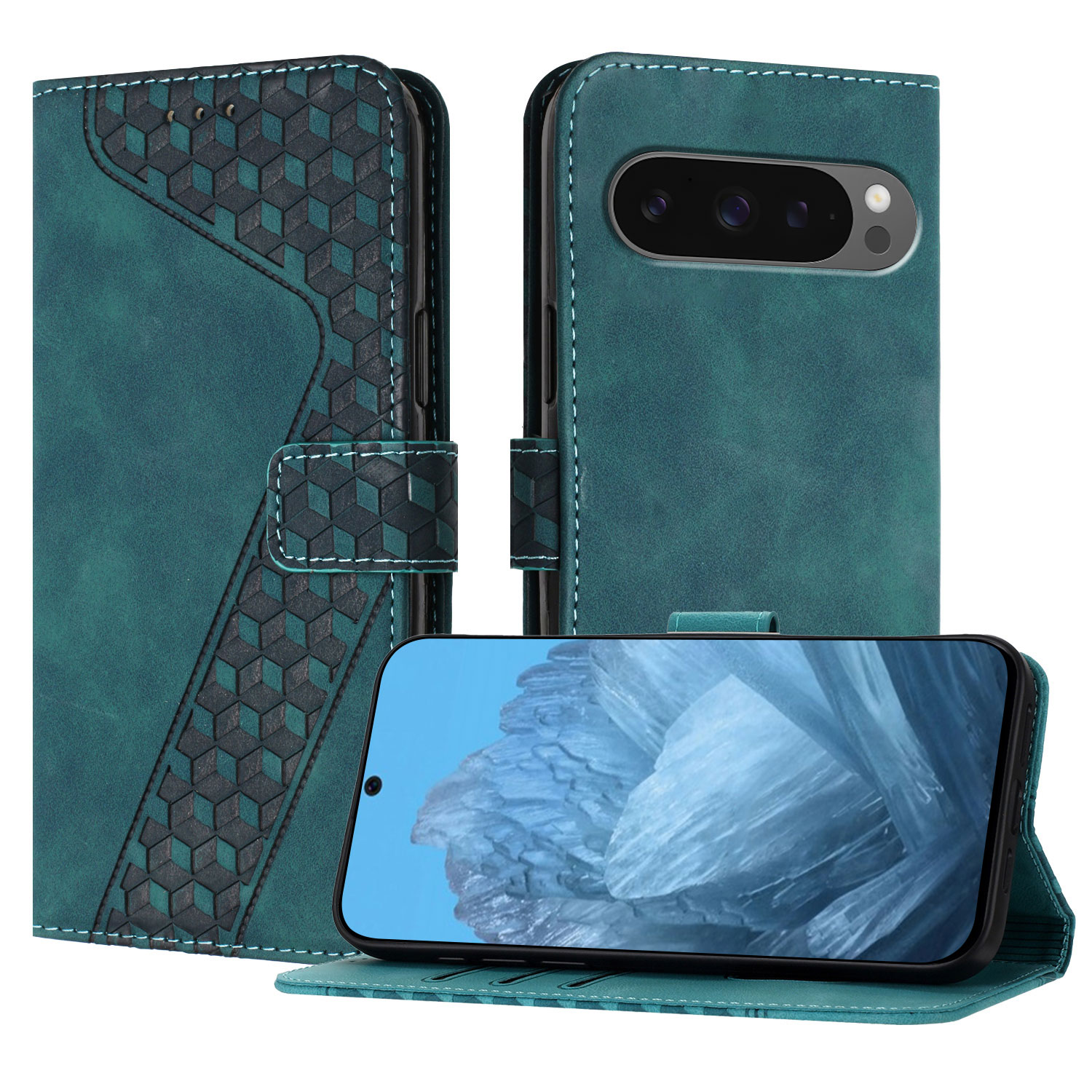 For Google Pixel 10 Pro XL Leather Case 7-Shaped Pattern Wallet Stand Shockproof Phone Cover - Green