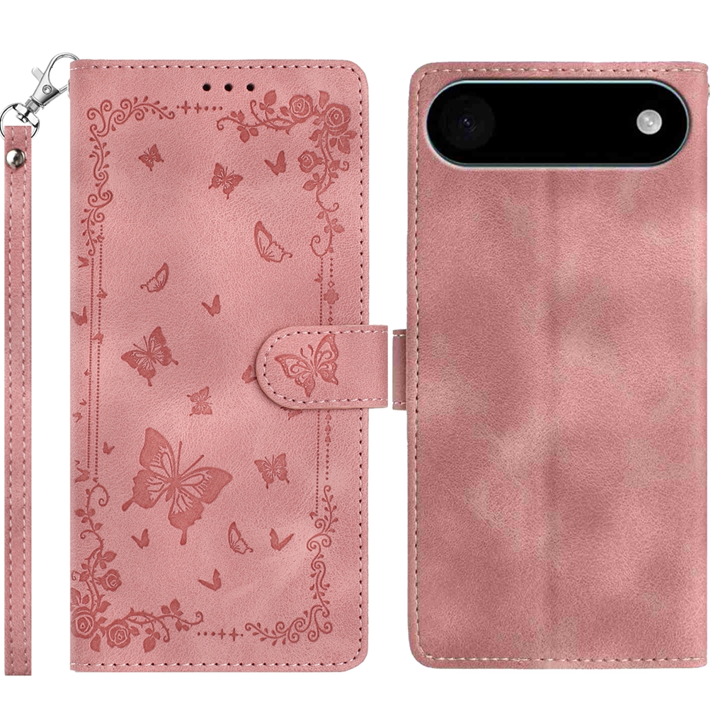 For iPhone Air Case Garden Imprinted PU Leather Wallet Phone Cover with Wrist Strap - Pink