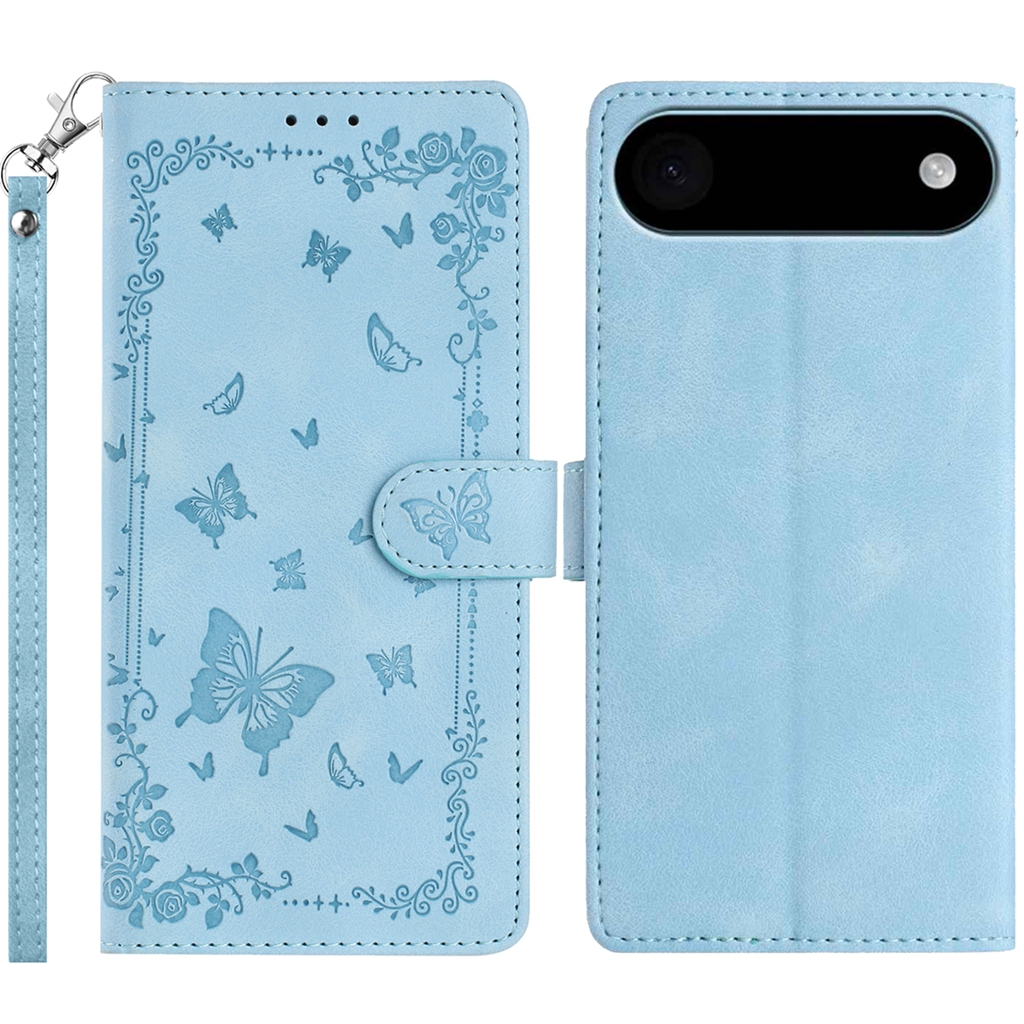 For iPhone Air Case Garden Imprinted PU Leather Wallet Phone Cover with Wrist Strap - Baby Blue