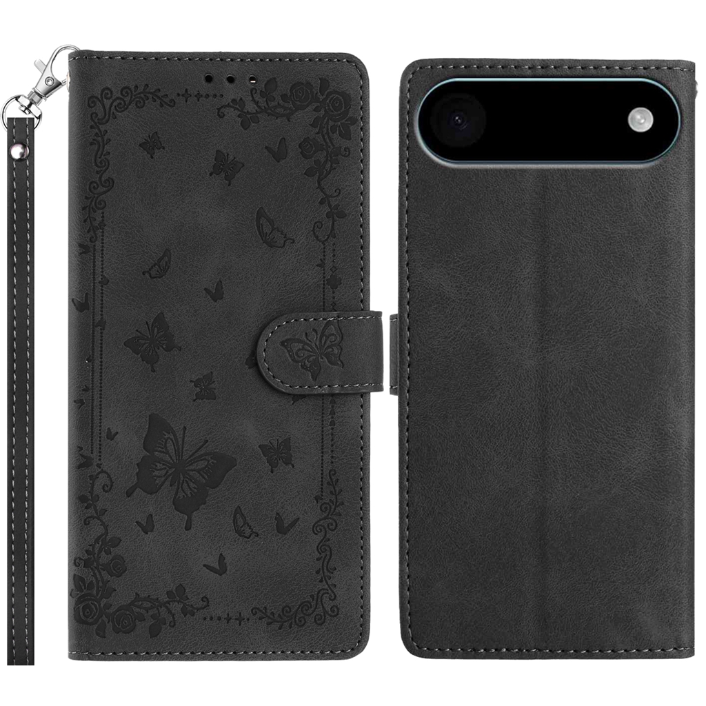 For iPhone Air Case Garden Imprinted PU Leather Wallet Phone Cover with Wrist Strap - Black