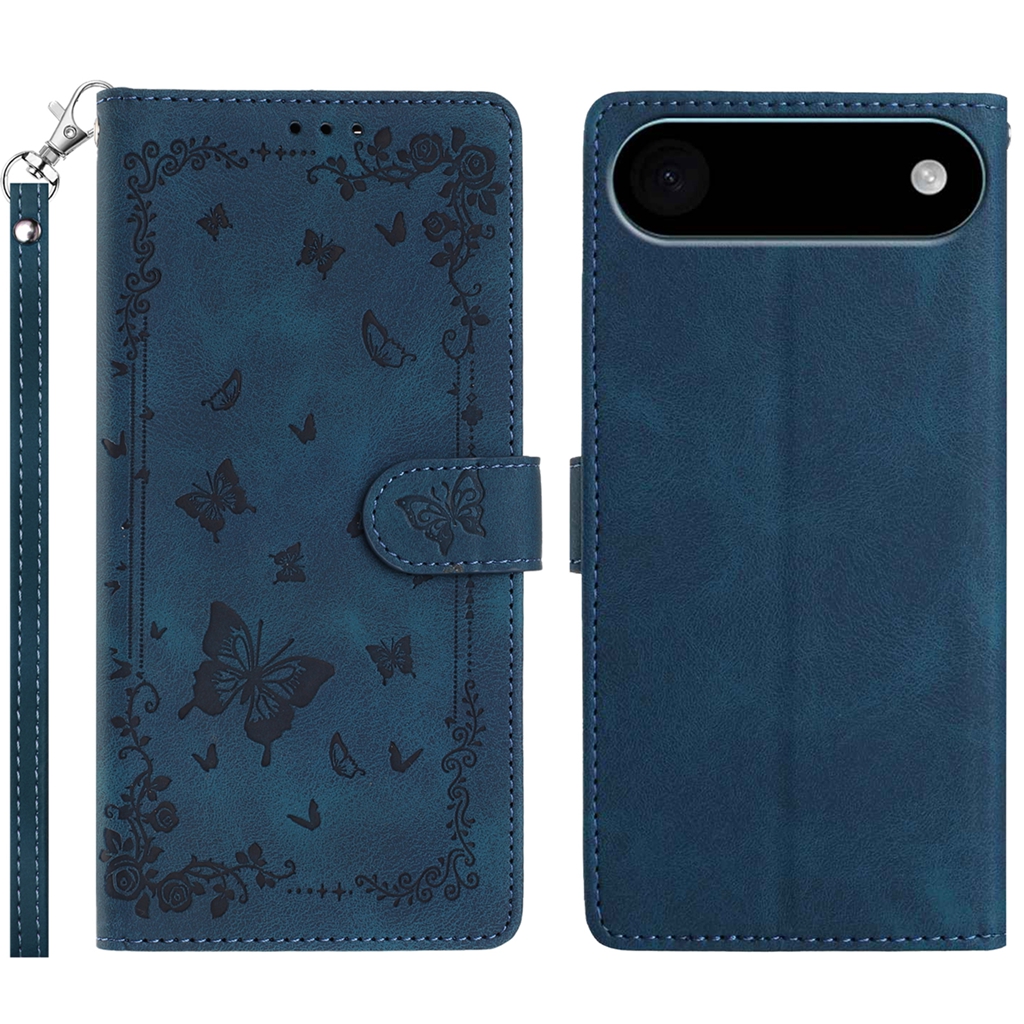 For iPhone Air Case Garden Imprinted PU Leather Wallet Phone Cover with Wrist Strap - Dark Blue