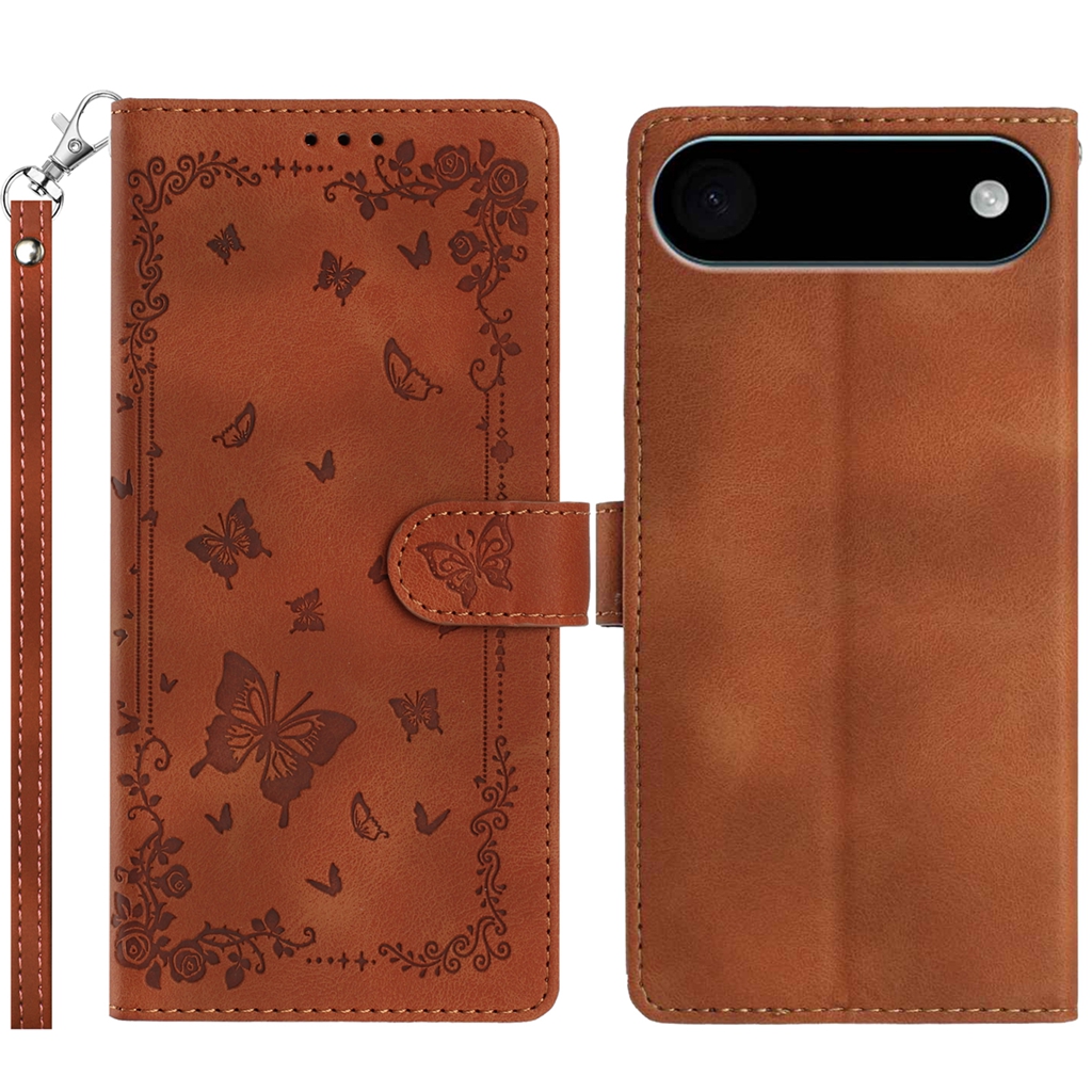 For iPhone Air Case Garden Imprinted PU Leather Wallet Phone Cover with Wrist Strap - Brown