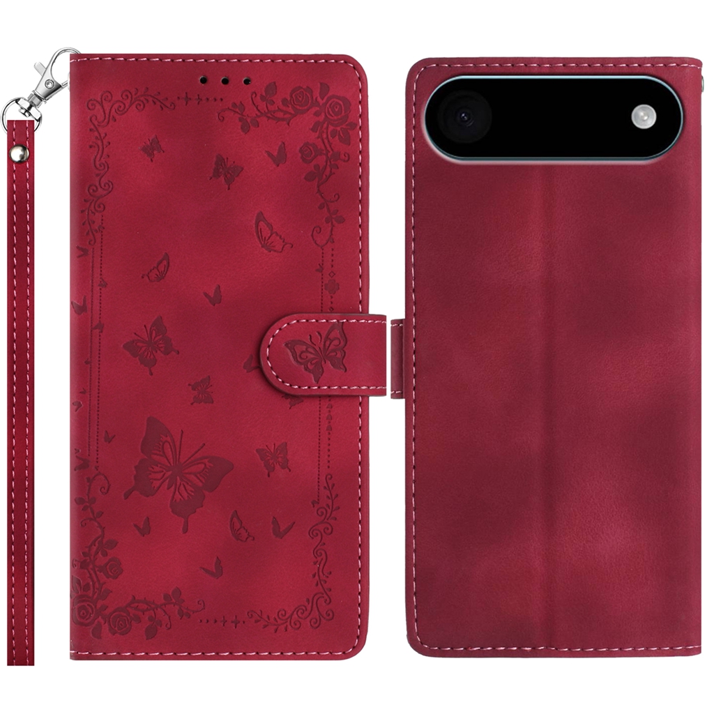 For iPhone Air Case Garden Imprinted PU Leather Wallet Phone Cover with Wrist Strap - Dark Red