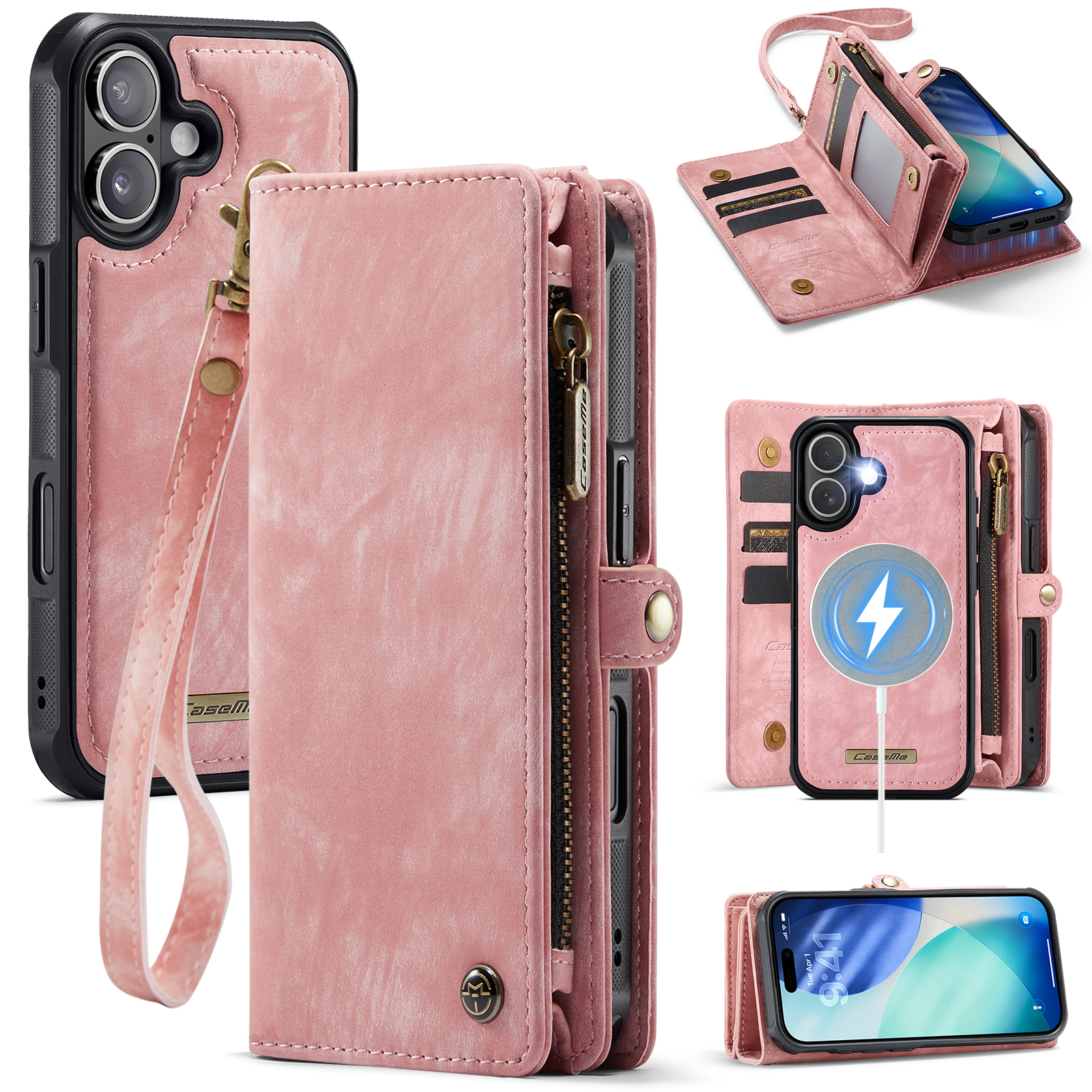 For iPhone 17 Phone Cases CASEME 008 Leather Cover with Detachable Wallet and Strap - Pink