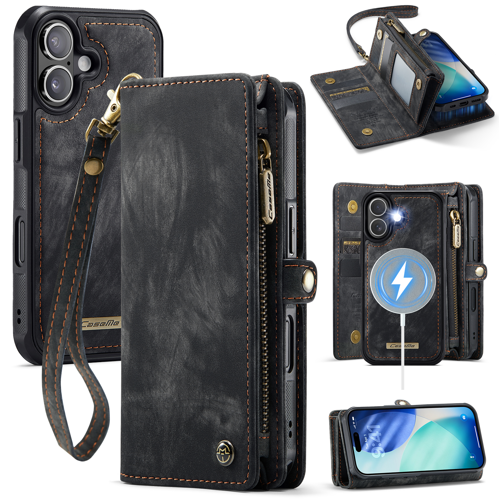 For iPhone 17 Phone Cases CASEME 008 Leather Cover with Detachable Wallet and Strap - Black