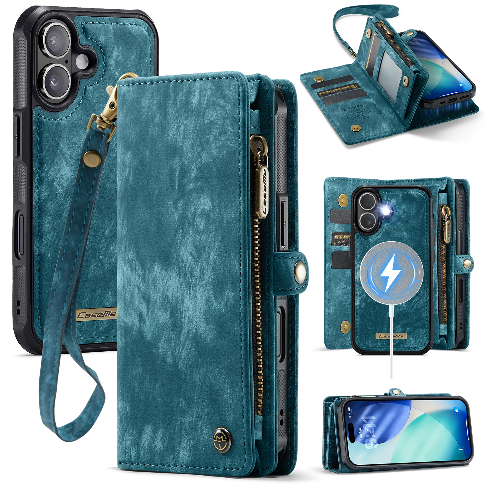 For iPhone 17 Phone Cases CASEME 008 Leather Cover with Detachable Wallet and Strap - Blue