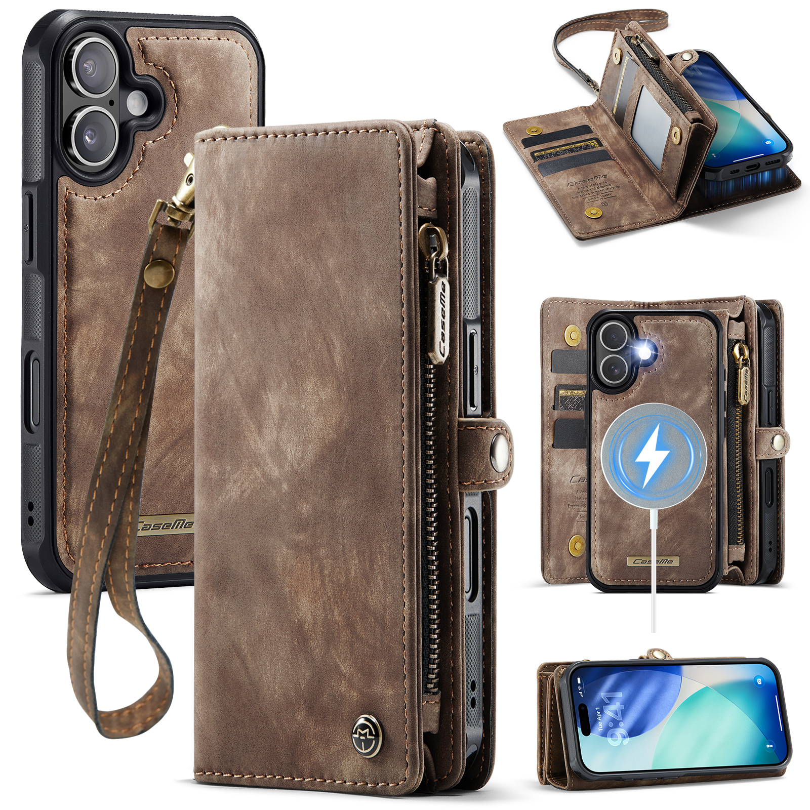 For iPhone 17 Phone Cases CASEME 008 Leather Cover with Detachable Wallet and Strap - Brown