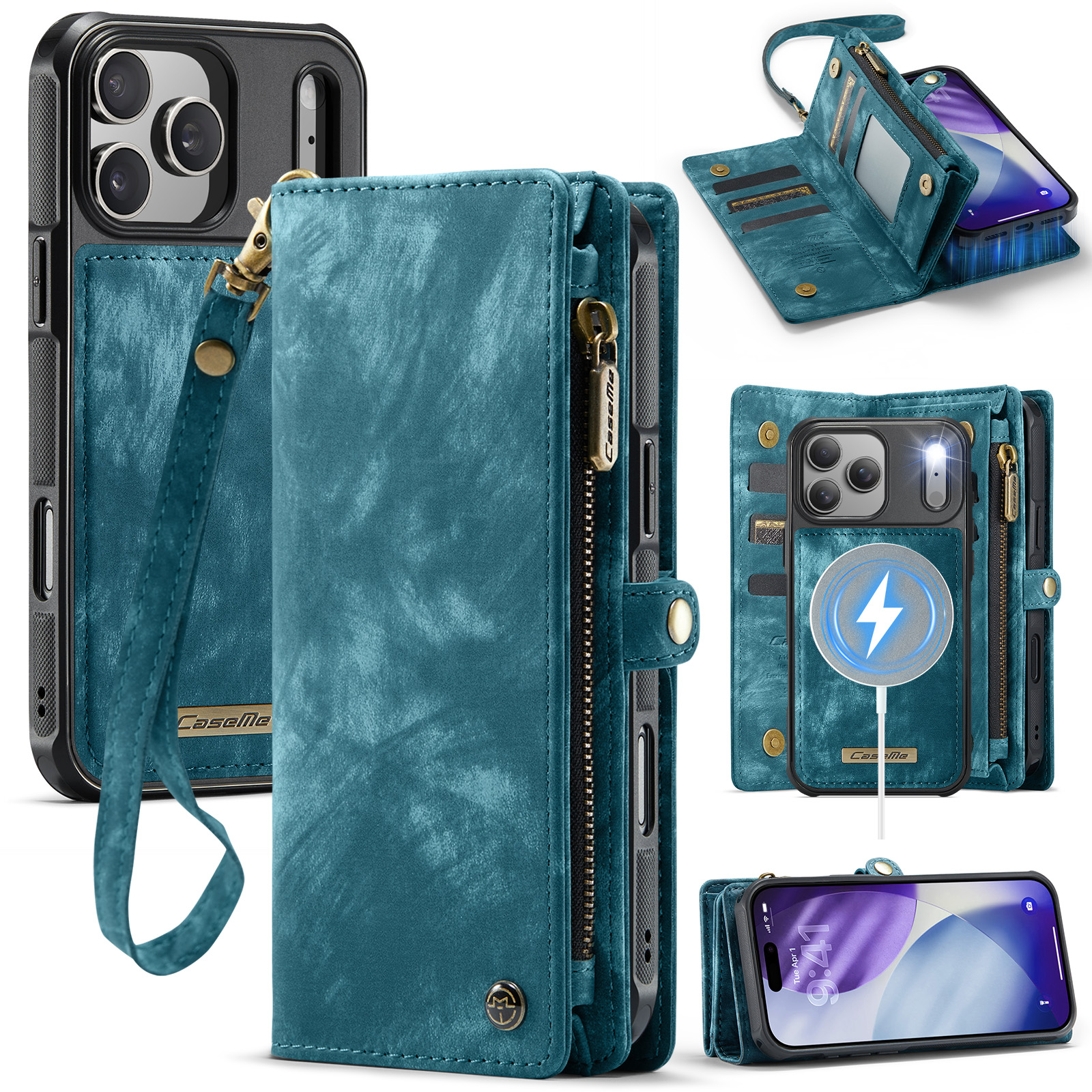 For iPhone 17 Pro Max Phone Cases CASEME 008 Leather Cover with Detachable Wallet and Strap - Blue