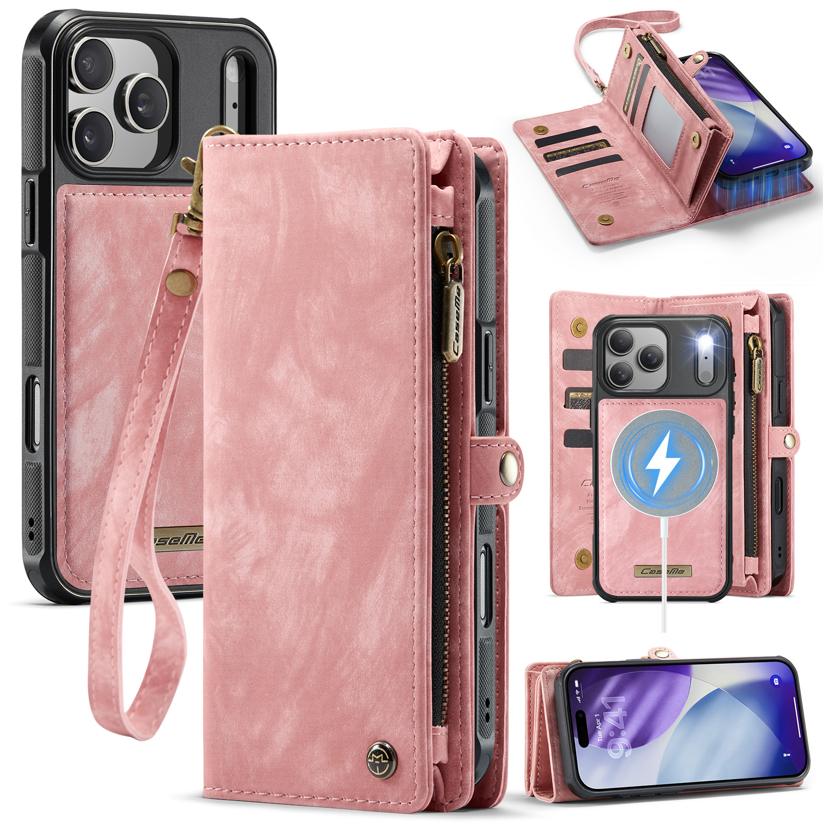 For iPhone 17 Pro Phone Cases CASEME 008 Leather Cover with Detachable Wallet and Strap - Pink