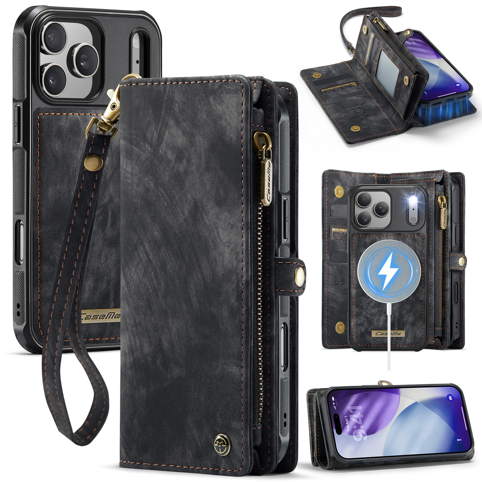 For iPhone 17 Pro Phone Cases CASEME 008 Leather Cover with Detachable Wallet and Strap - Black