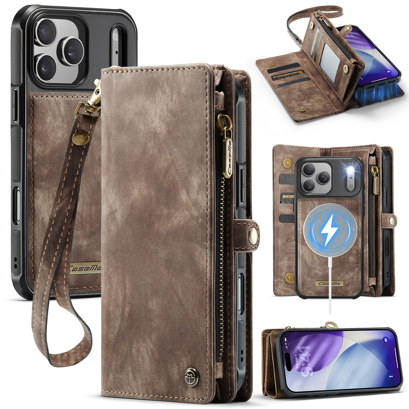 For iPhone 17 Pro Phone Cases CASEME 008 Leather Cover with Detachable Wallet and Strap - Brown