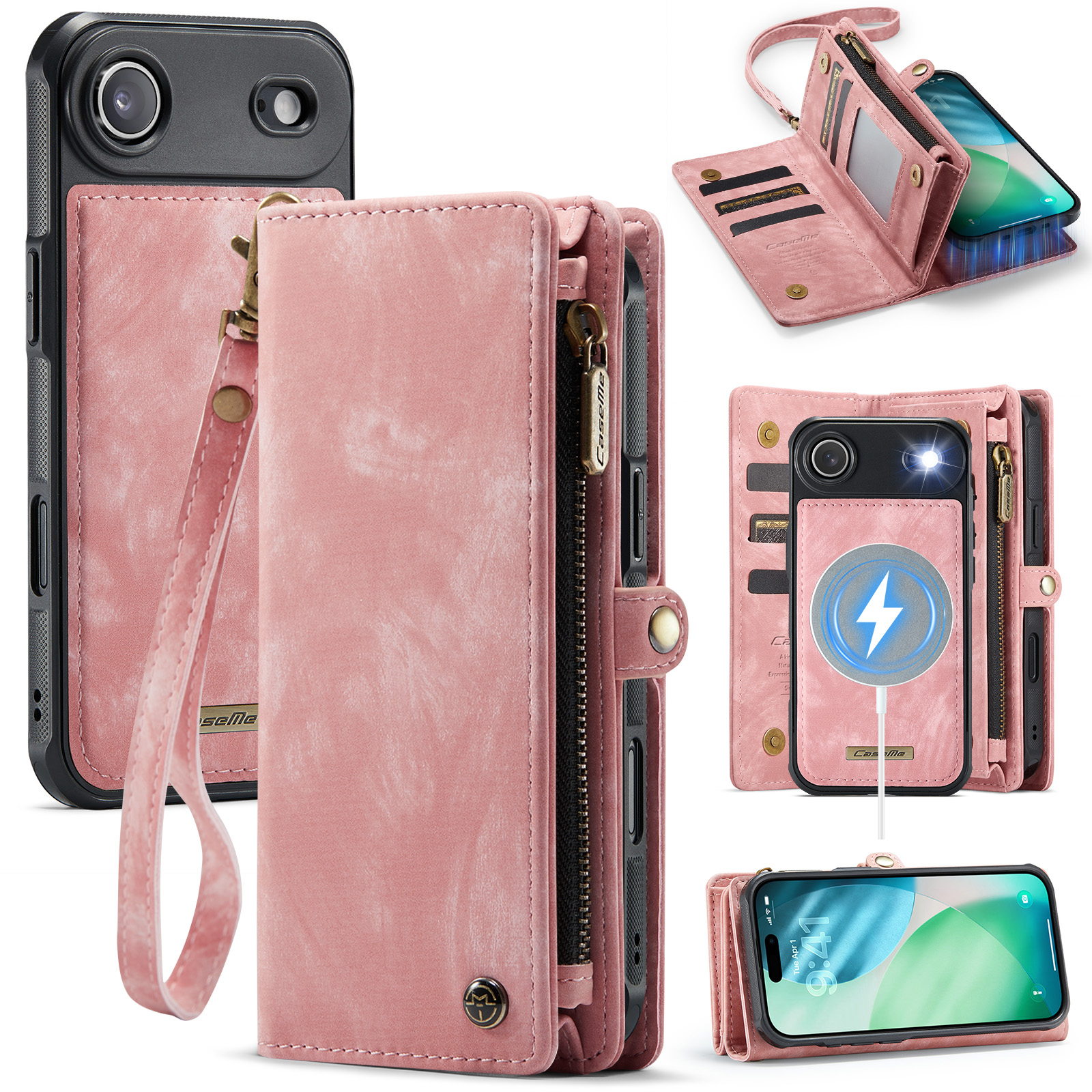 For iPhone Air Phone Cases CASEME 008 Leather Cover with Detachable Wallet and Strap - Pink