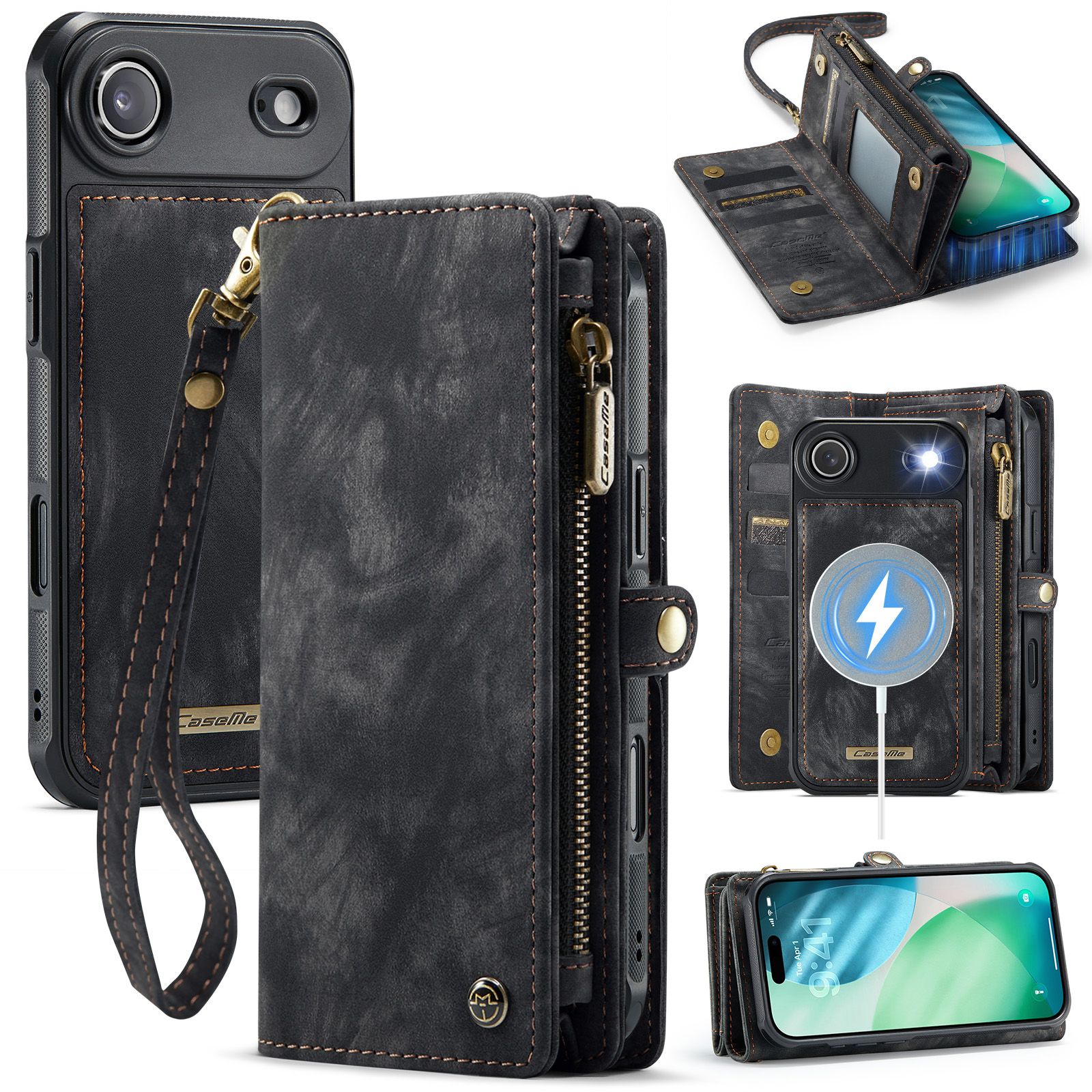 For iPhone Air Phone Cases CASEME 008 Leather Cover with Detachable Wallet and Strap - Black