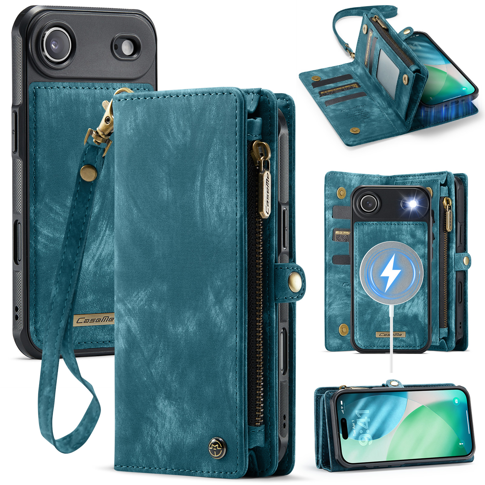 For iPhone Air Phone Cases CASEME 008 Leather Cover with Detachable Wallet and Strap - Blue