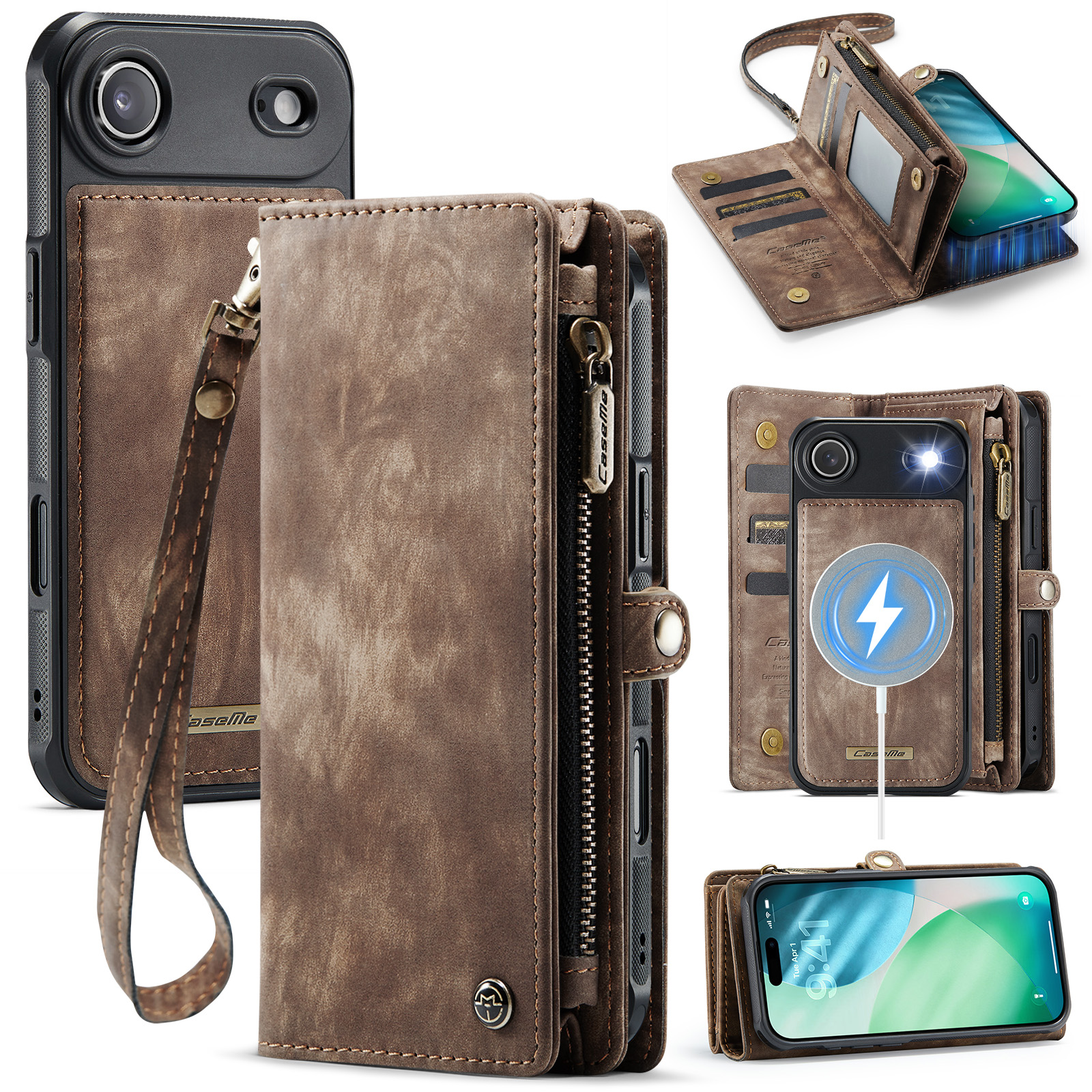 For iPhone Air Phone Cases CASEME 008 Leather Cover with Detachable Wallet and Strap - Brown